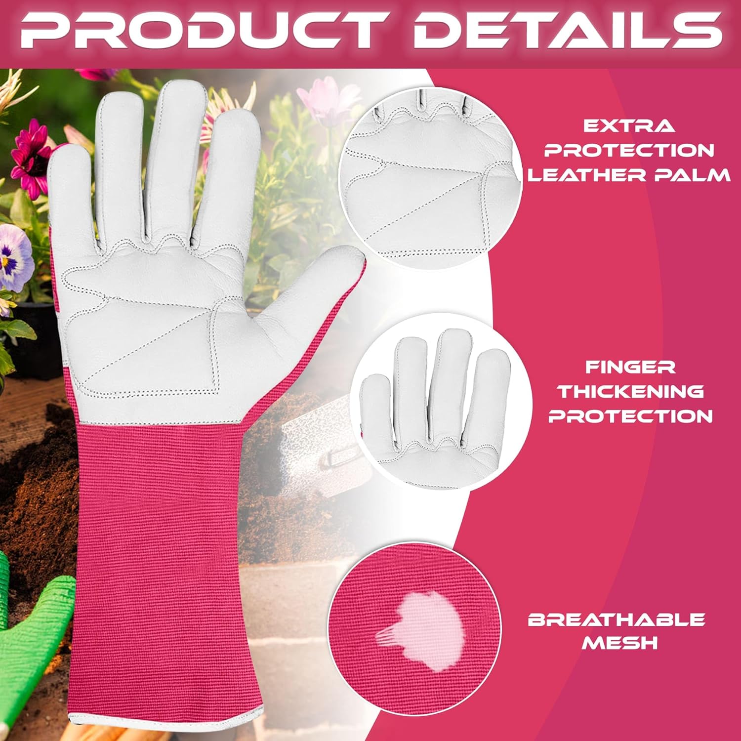 Thumbnail 2 de WFX Long Gardening Gloves – Leather Goatskin, Thorn-Proof, Forearm Protection (Small, Pink)