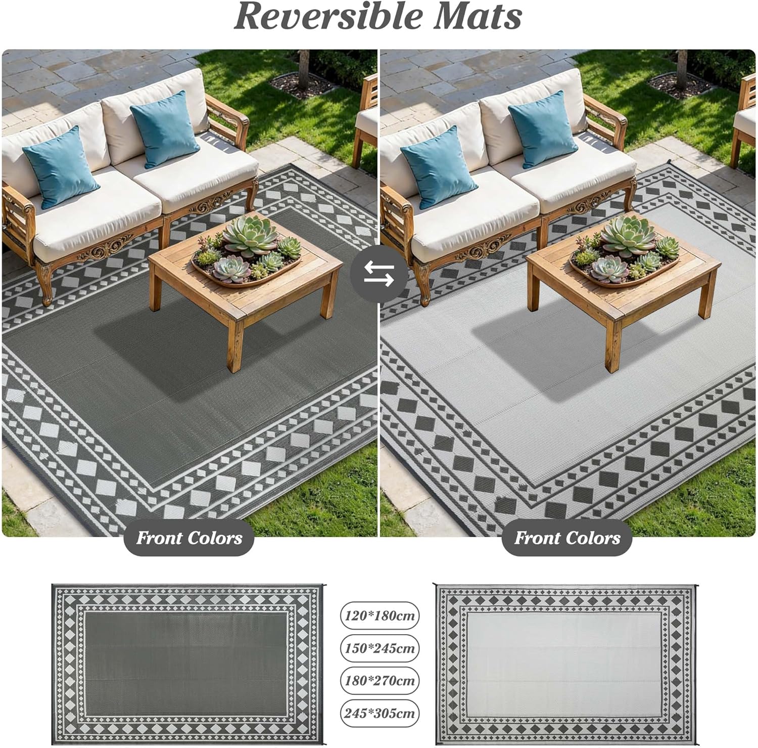 Thumbnail 4 de Homcomodar 180x270cm Waterproof Outdoor Rug (Grey) – Reversible UV-Resistant Plastic Patio Mat