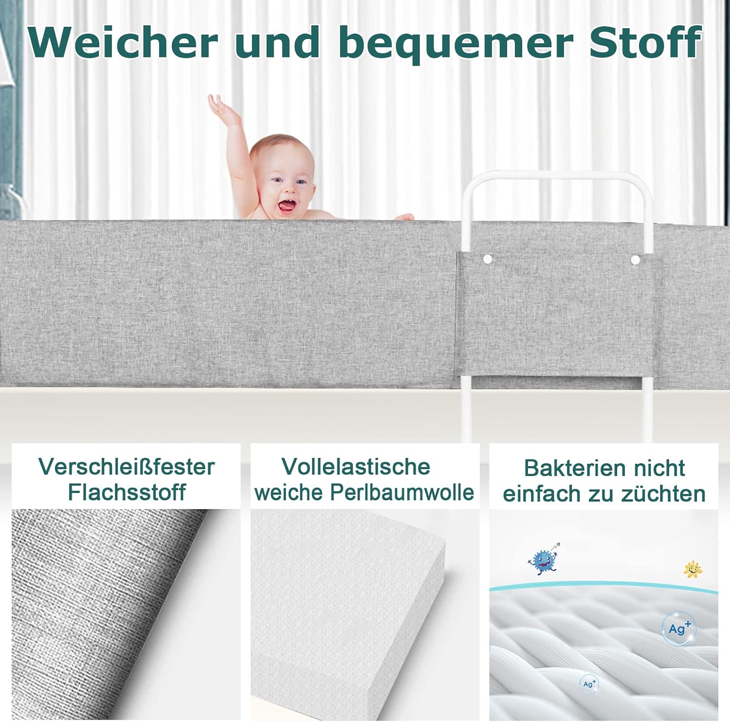 Thumbnail 4 de UISEBRT Bettgitter / Bettschutzgitter 200 cm – Rausfallschutz für Kinderbett, 5-fach höhenverstellbar, verformbar (Grau)