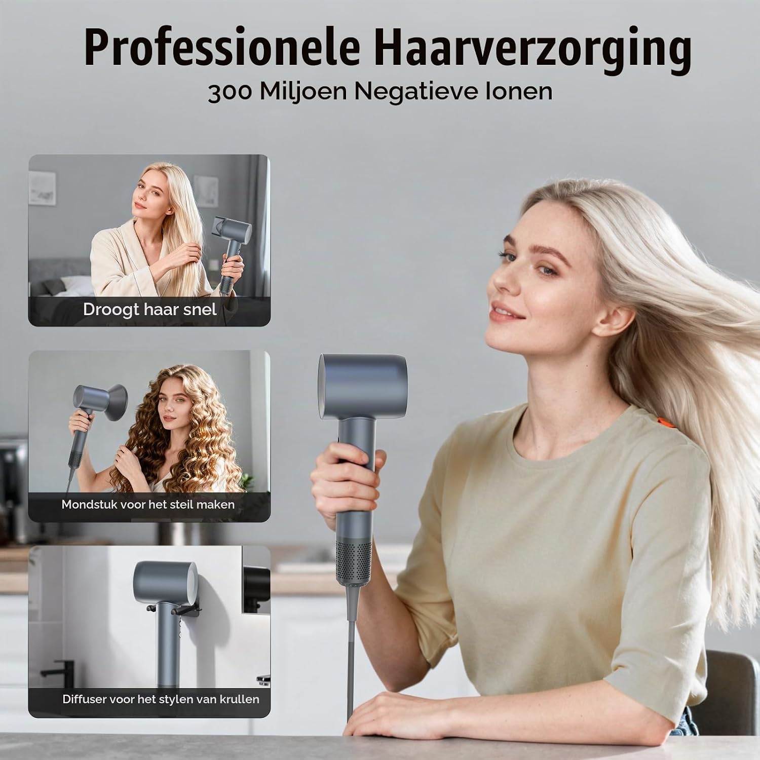Detalle de Hahimify HM-L2Y-Gris föhn met diffuser, ionentechnologie en 4 temperatuurstanden