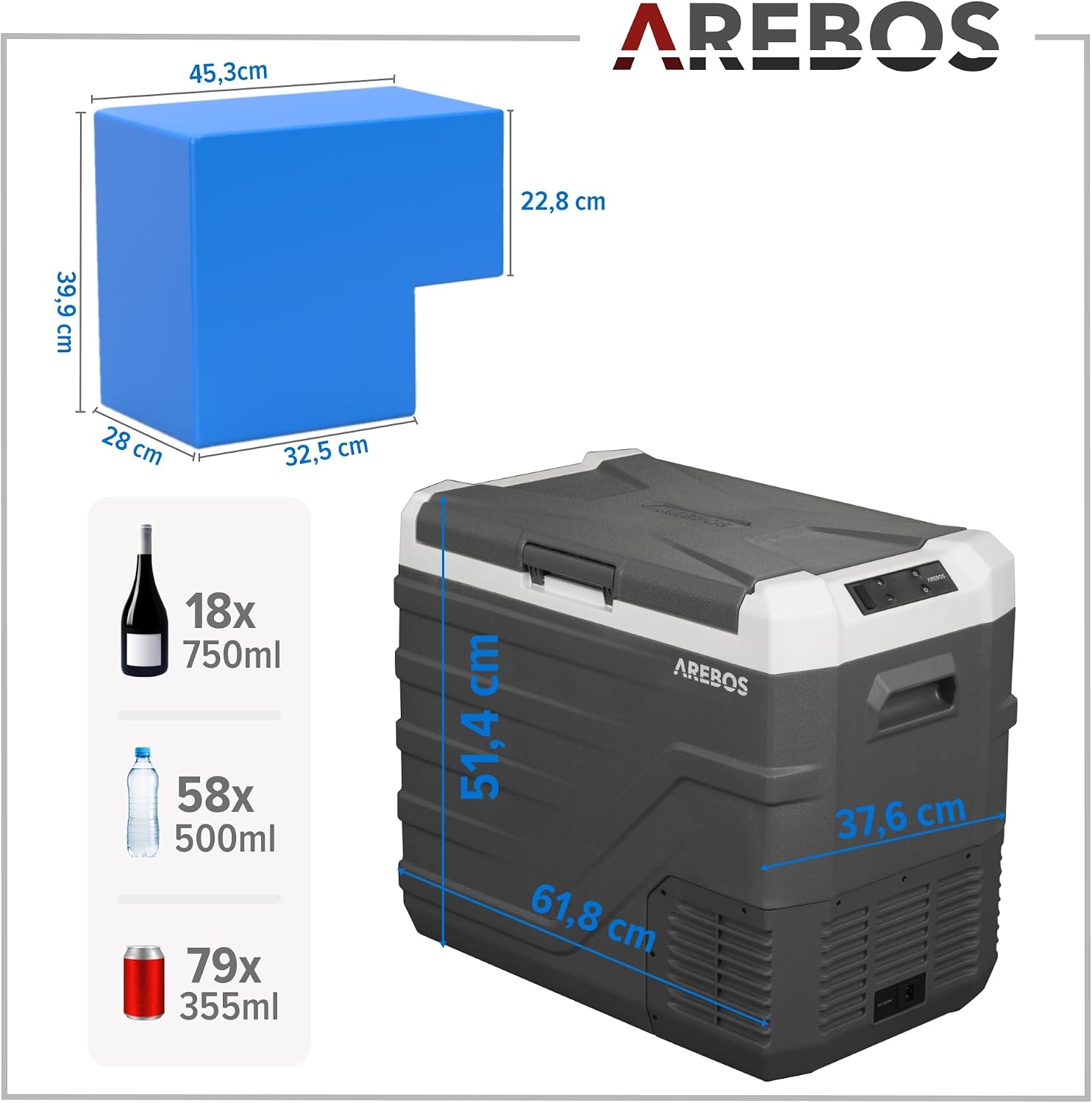 Thumbnail 6 de Arebos Kompressor Kühlbox 43 Liter – Mobile Gefrierbox mit APP, USB-Ladeanschluss und Smart-Steuerung
