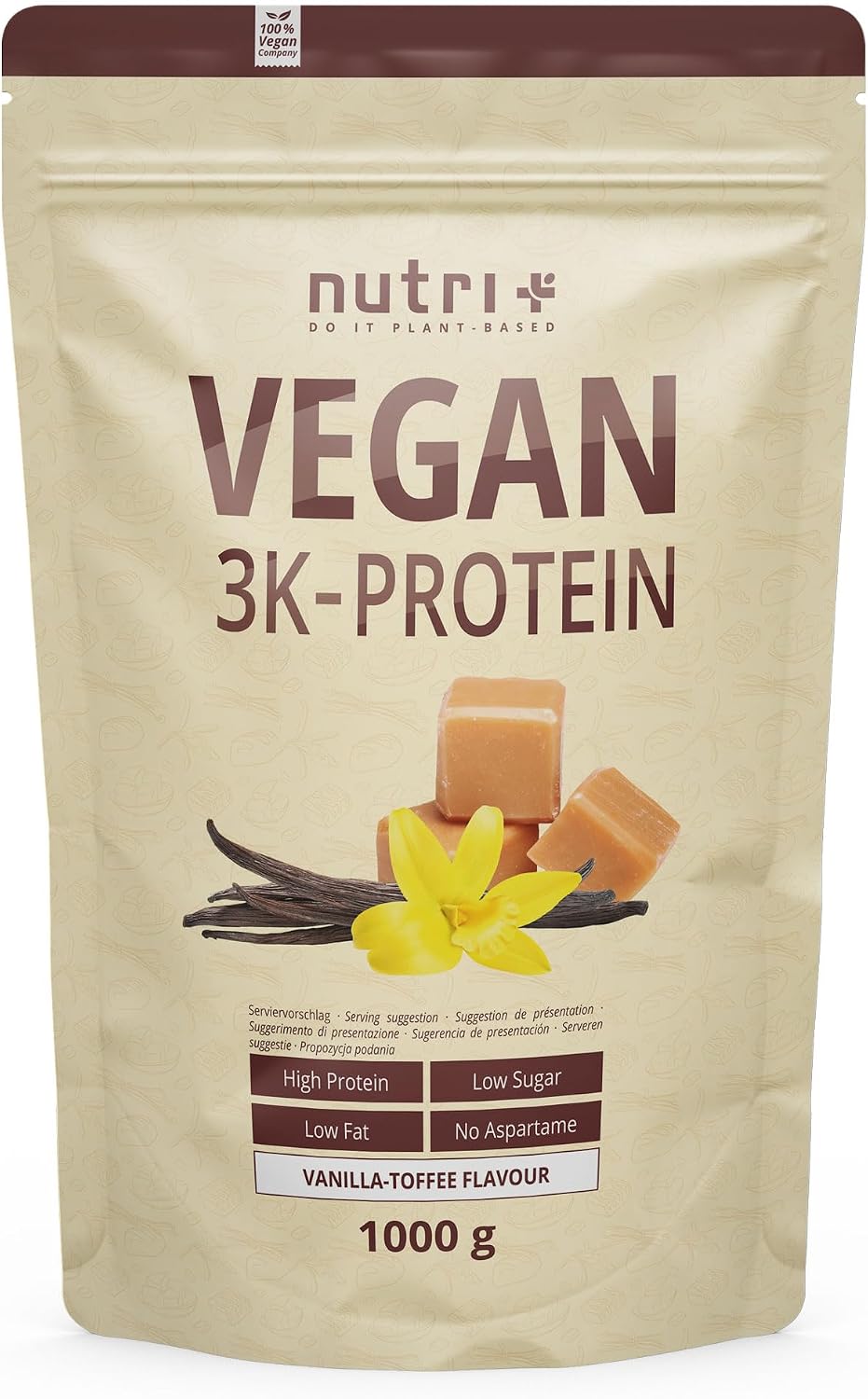 Detalle de Nutri + Protein Pulver Vegan Vanilla Toffee 1 kg – 80% Eiweiß, 3-Komponenten Pflanzliches Protein
