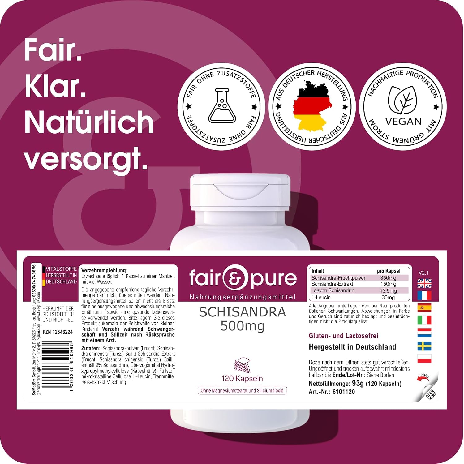 Detalle de Fair & Pure Schisandra Kapseln 500 mg Extrakt – 120 Stück