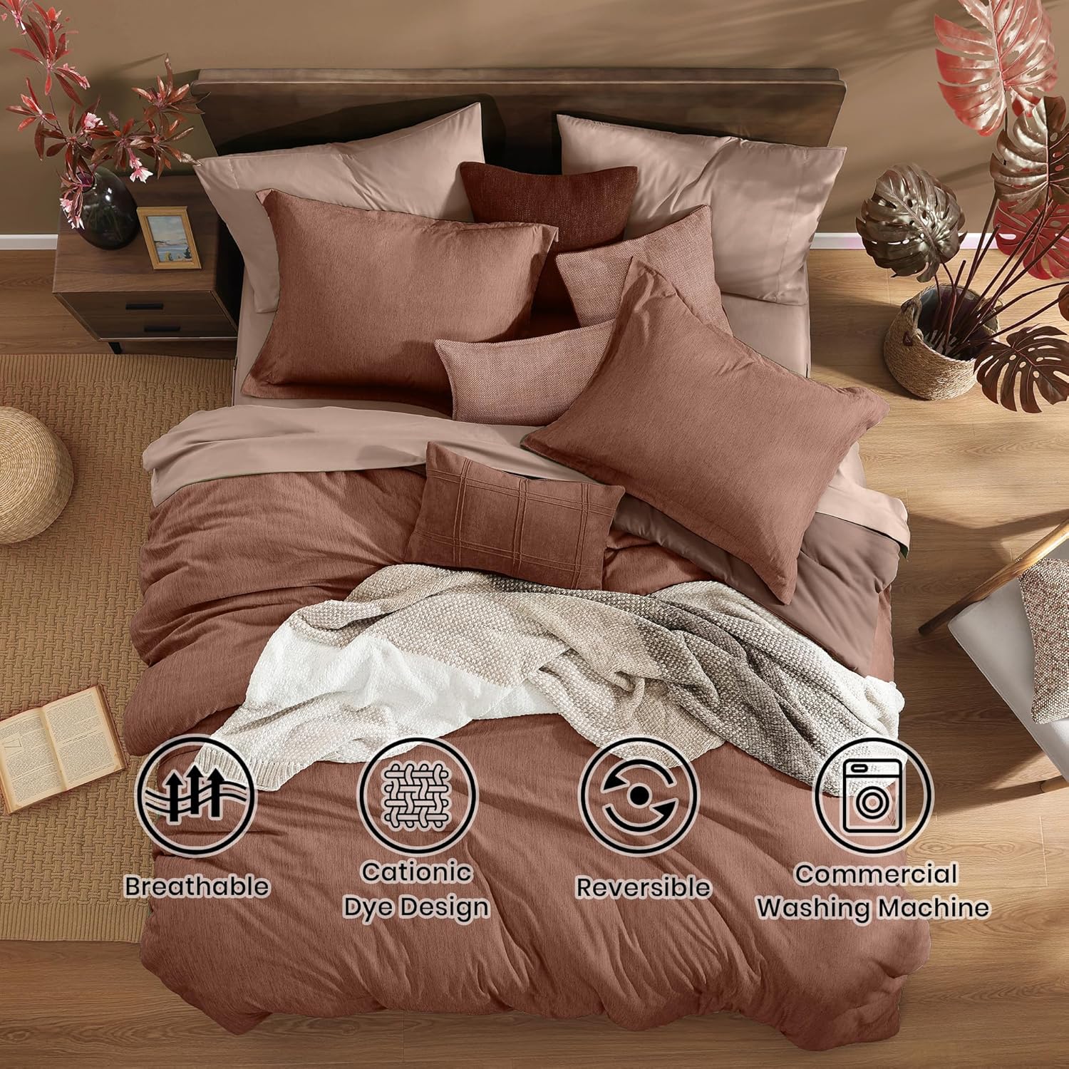 Detalle 2 de Monbix Full Comforter Set, 7 Pieces, Terracotta, Reversible All-Season Bedding