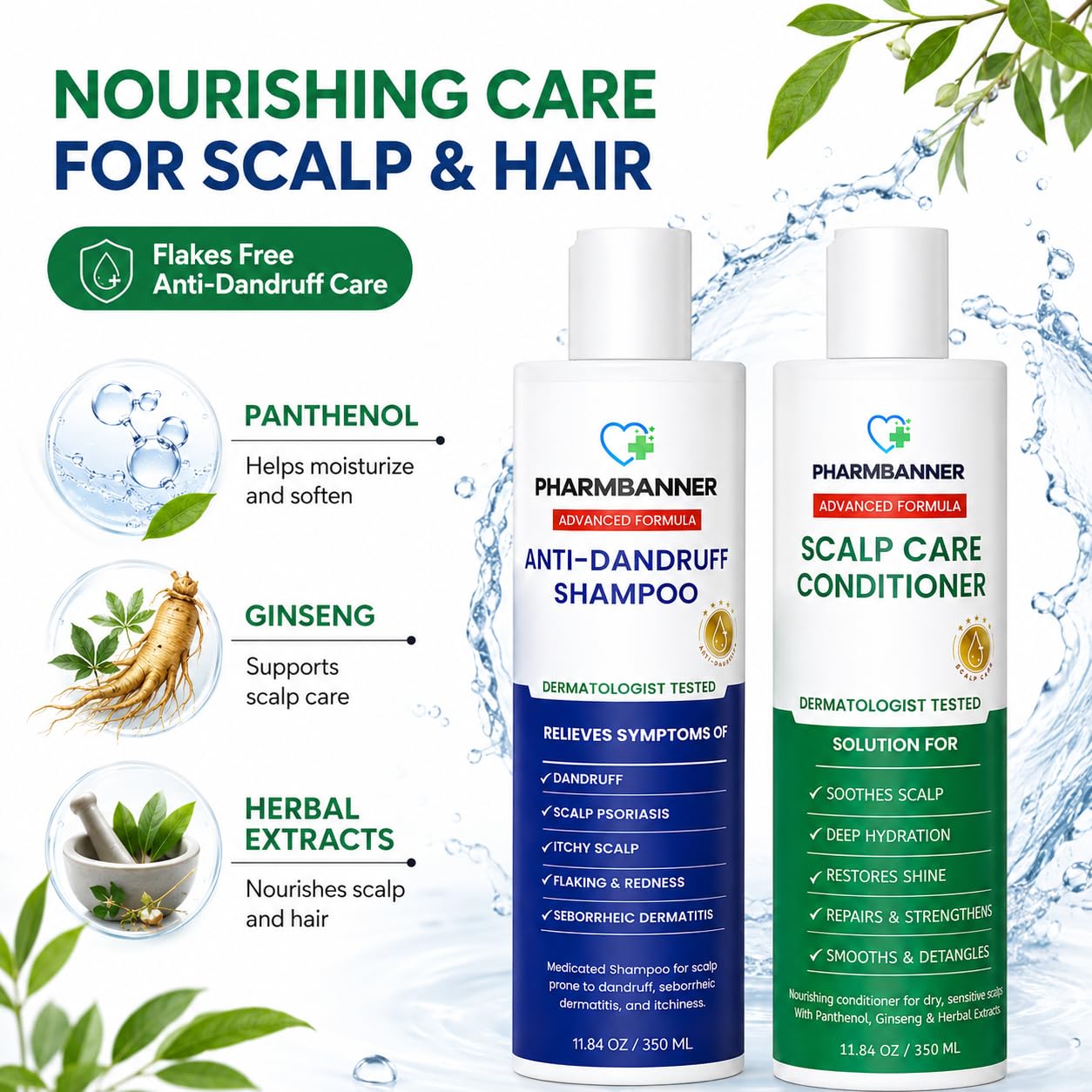 Detalle 2 de PHARMBANNER Anti-Fungal Shampoo and Conditioner Set with Tea Tree & Argan Oil for Scalp Relief