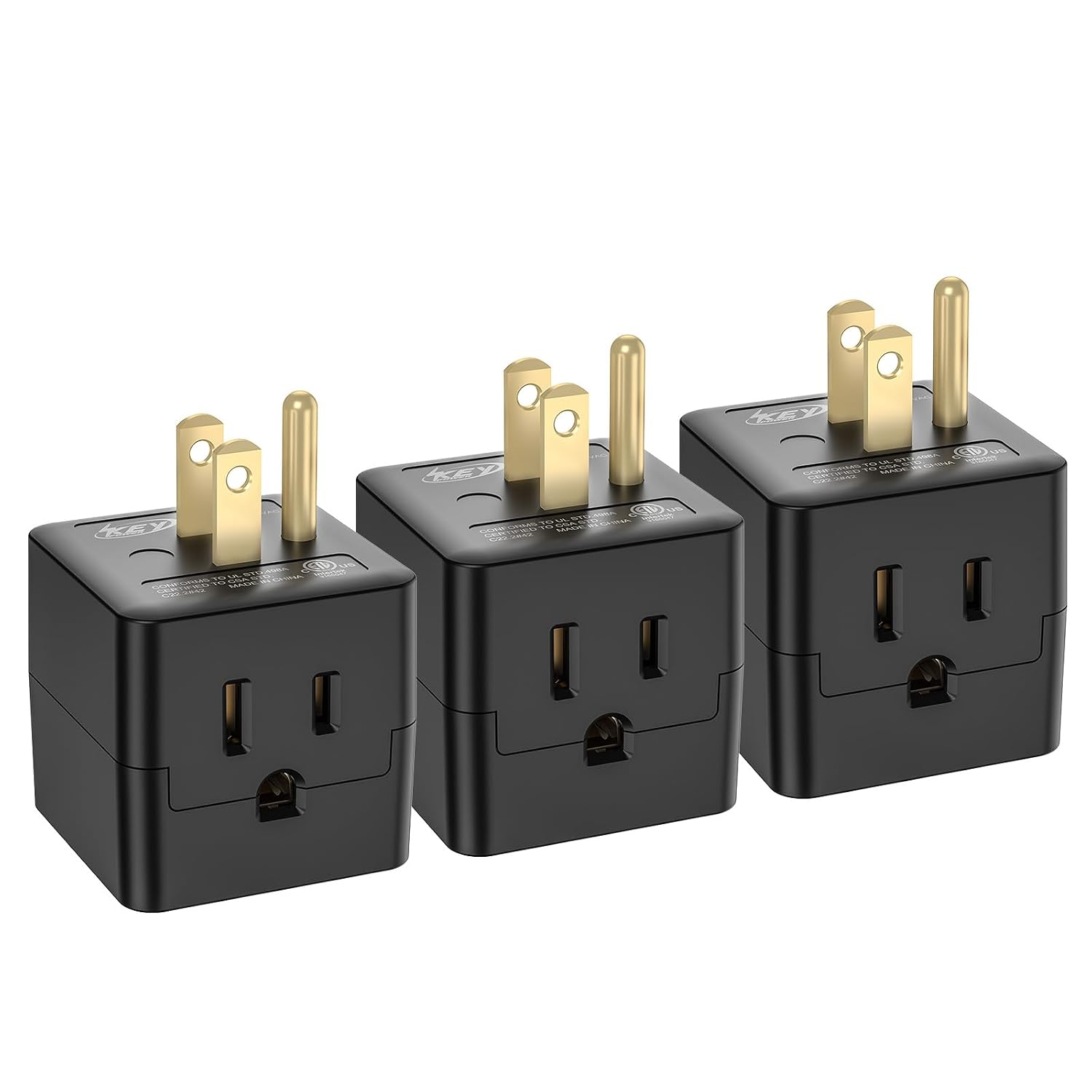 Detalle de Key Power LA-21 3-Outlet Wall Adapter, 90° Grounded Cube Tap, 3-Pack
