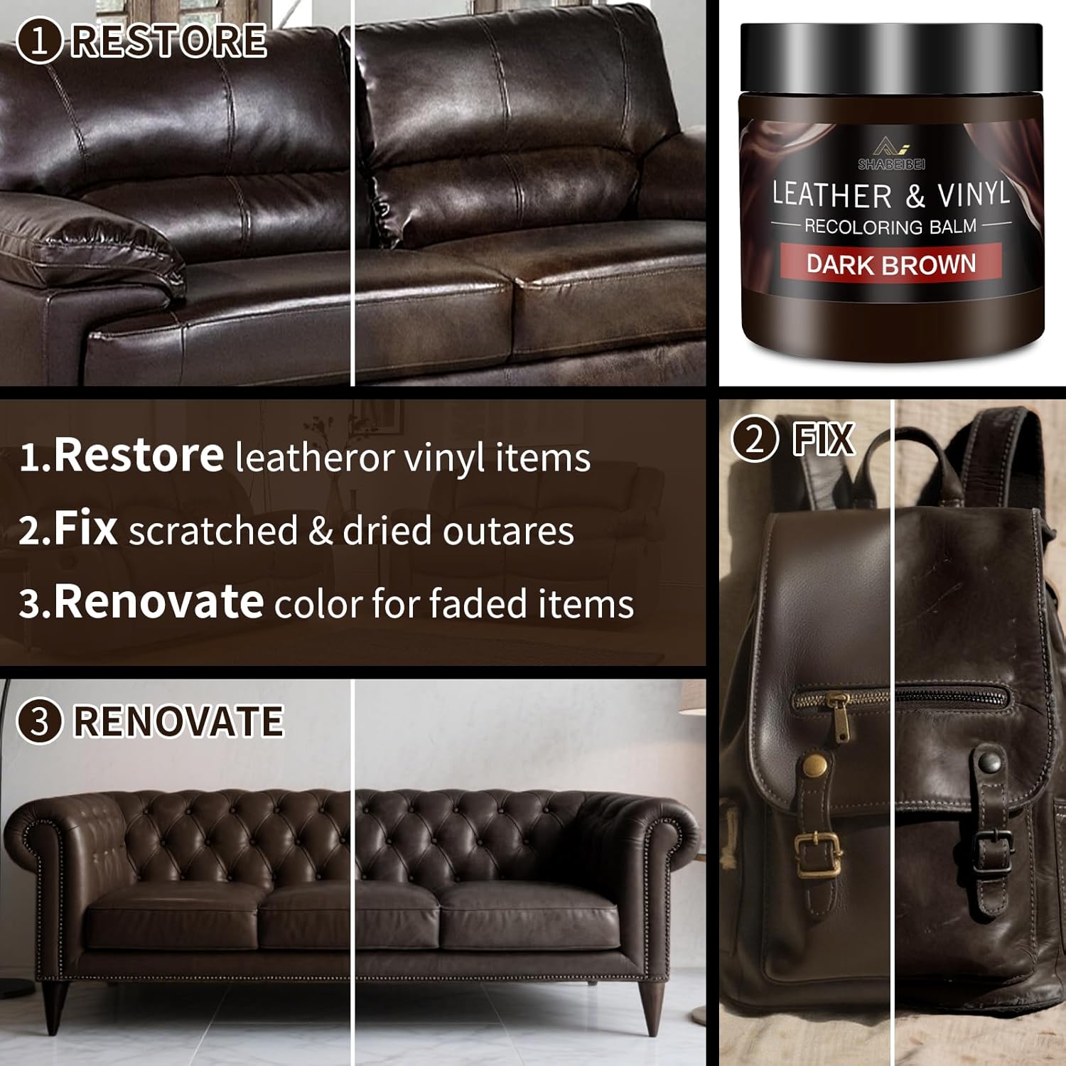 Thumbnail 2 de SHABEIBEI Leather Recoloring Balm and Scratch Repair Kit (Dark Brown) for Couches, Furniture & Car Seats