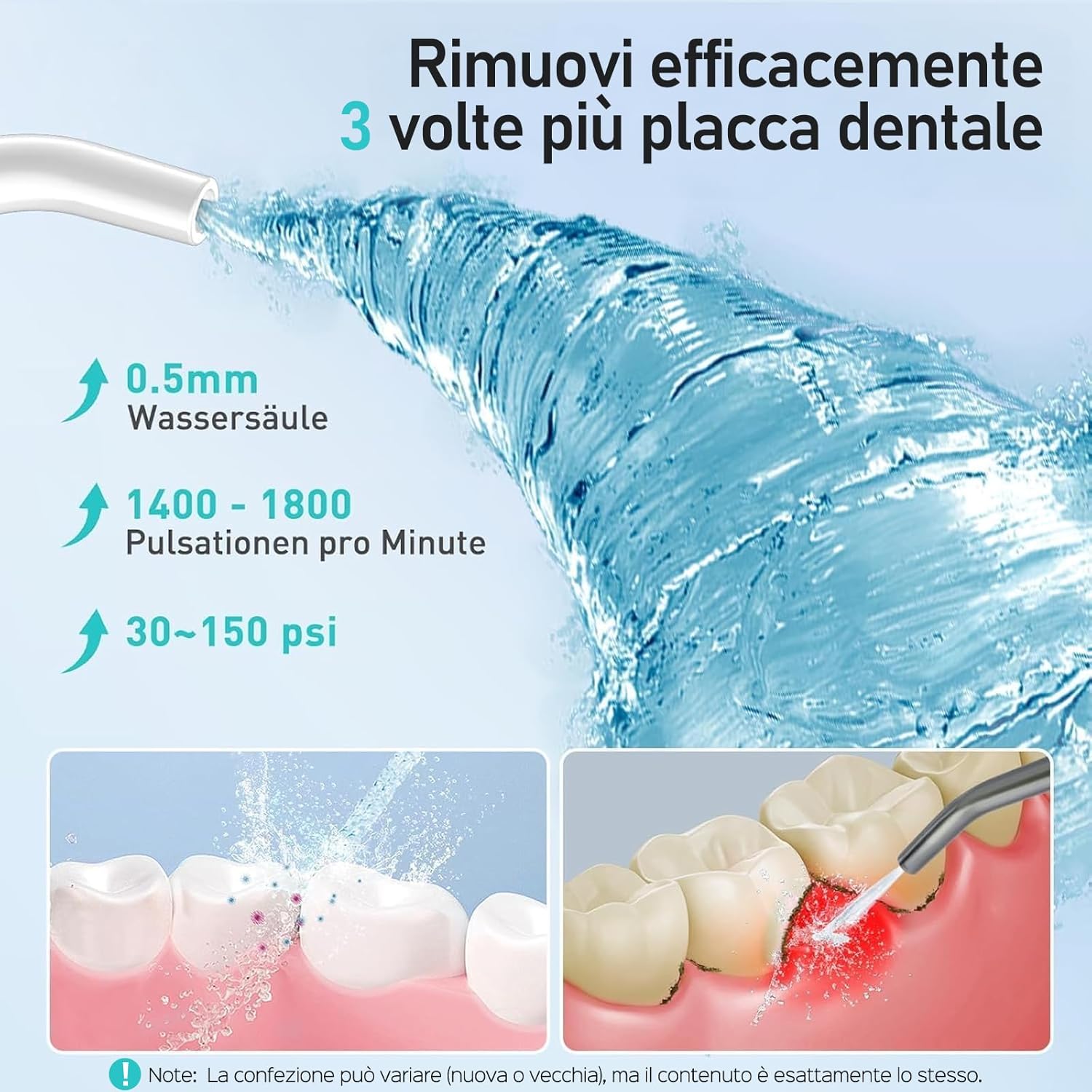 Detalle de COSLUS C30 idropulsore dentale portatile senza fili da 300 ml, 4 modalità e 11 intensità (IPX7) – bianco