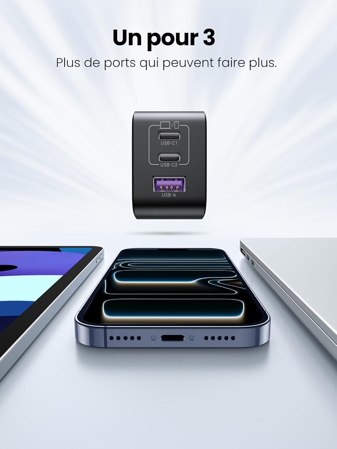 Detalle de UGREEN Nexode 65W Chargeur USB-C 3 Ports GaN – Noir
