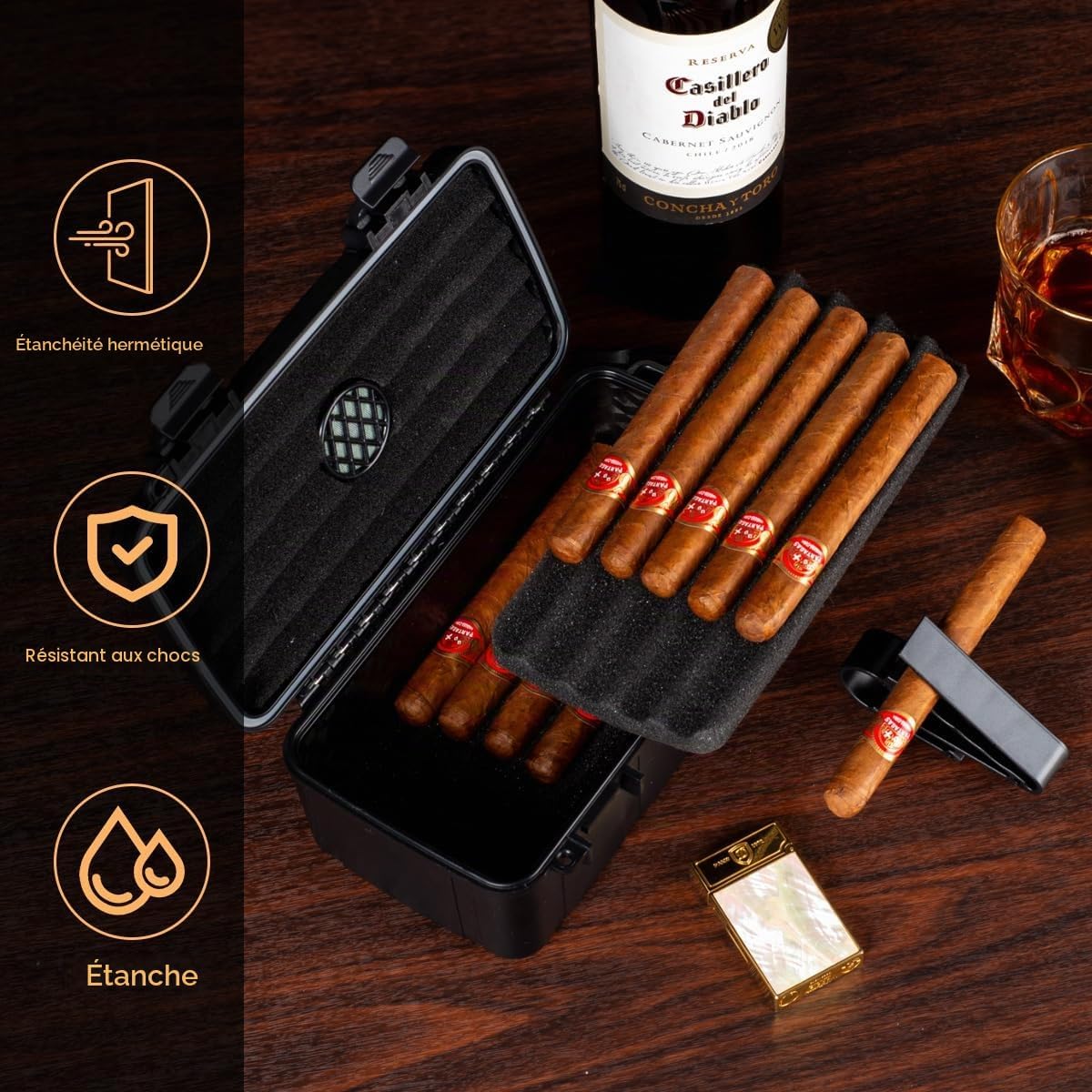Detalle 1 de Marvero Marvero-Cigar-11 draagbare sigarenkist met luchtbevochtiger en golfhouder