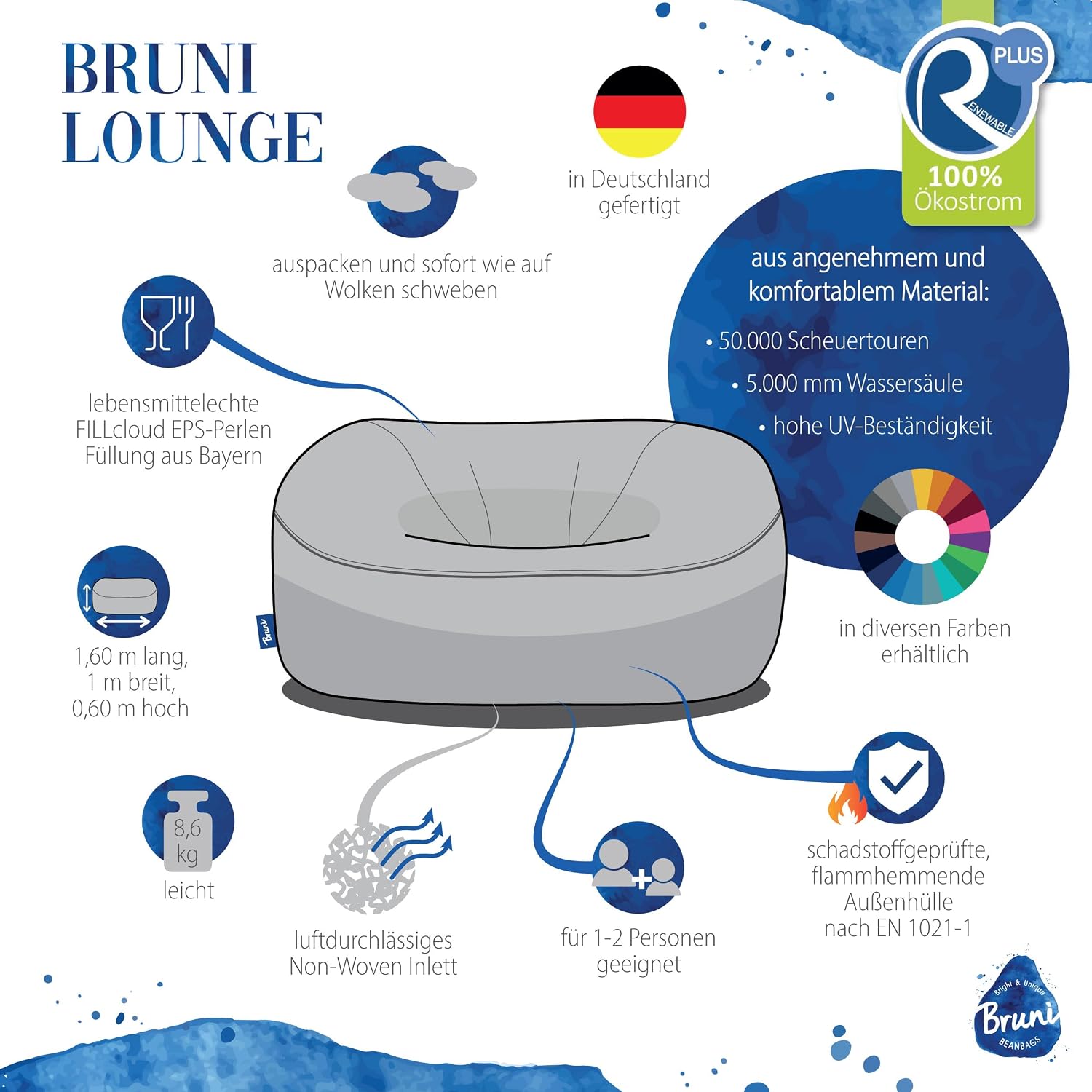 Detalle de Bruni Lounge Sitzsack-Sofa – sofa-worek dla 1–2 osób, niebieska, do domu i ogrodu