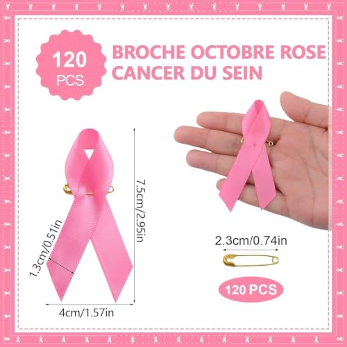 Detalle 2 de Walkinbear lot de 120 broches Octobre Rose en satin, ruban rose 7,5 × 4 cm