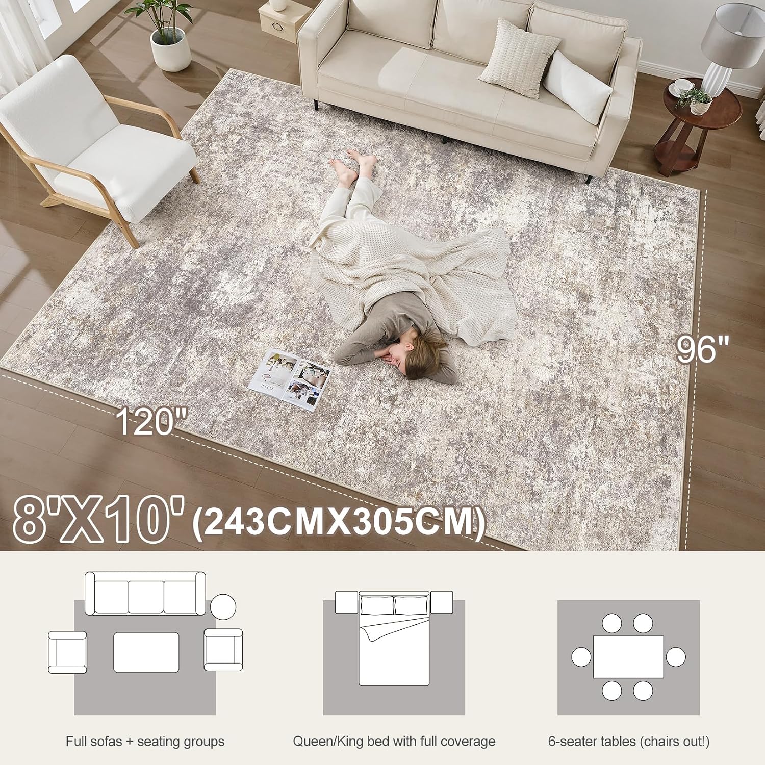 Thumbnail 1 de DMOYEST 8' x 10' Abstract Area Rug, Brown, Washable Low-Pile Polyester