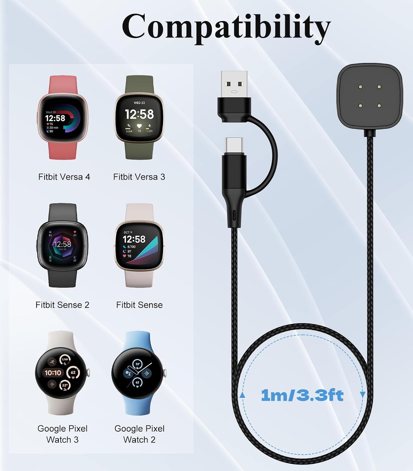 Detalle 2 de TiMOVO 2-in-1 Charger for Fitbit Versa 4/3/Sense 2/Sense and Google Pixel Watch — 2 Pack Magnetic Dock, 3.3 ft USB Cable