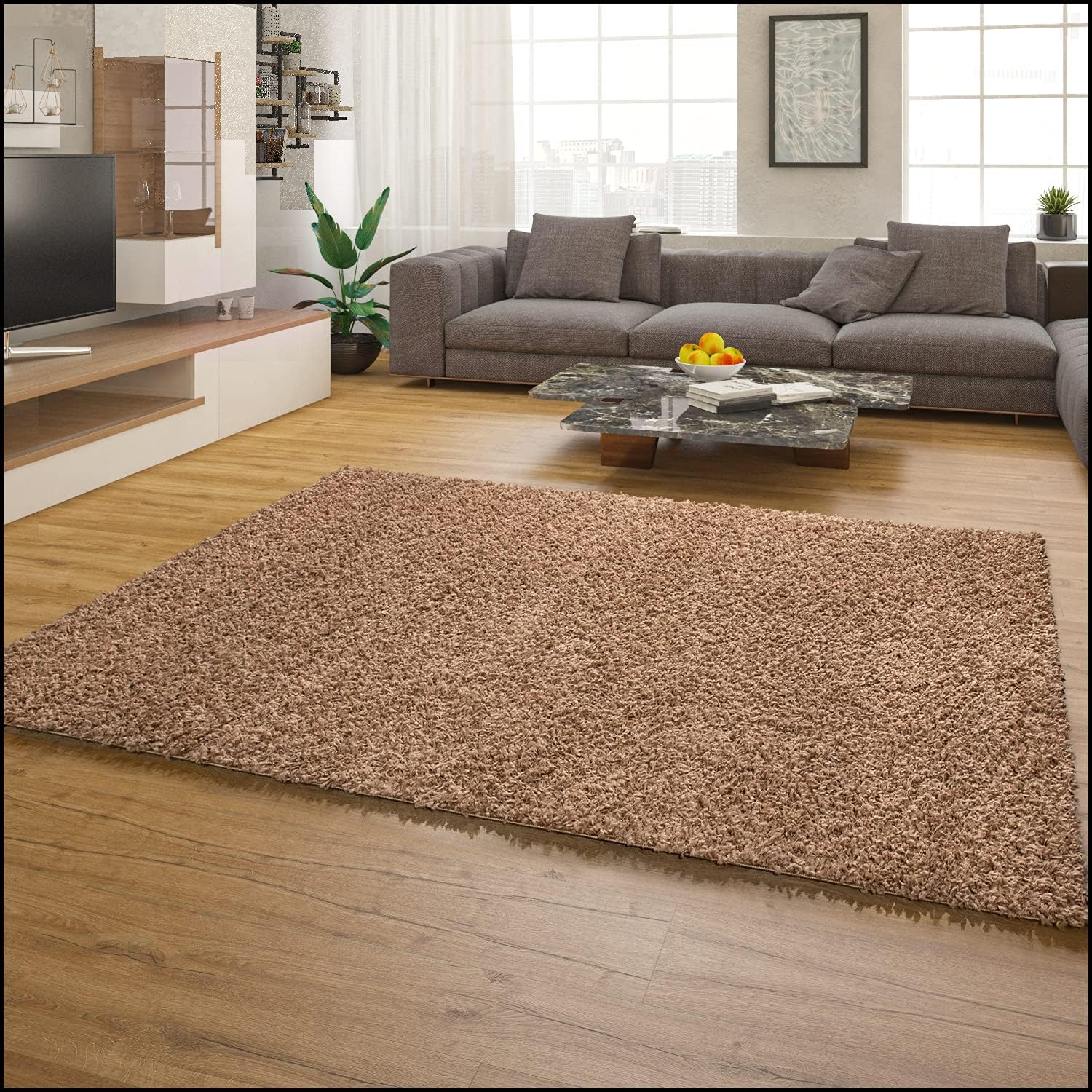 Detalle de Paco Home tapis shaggy 140x200 cm beige à poil long (30 mm)