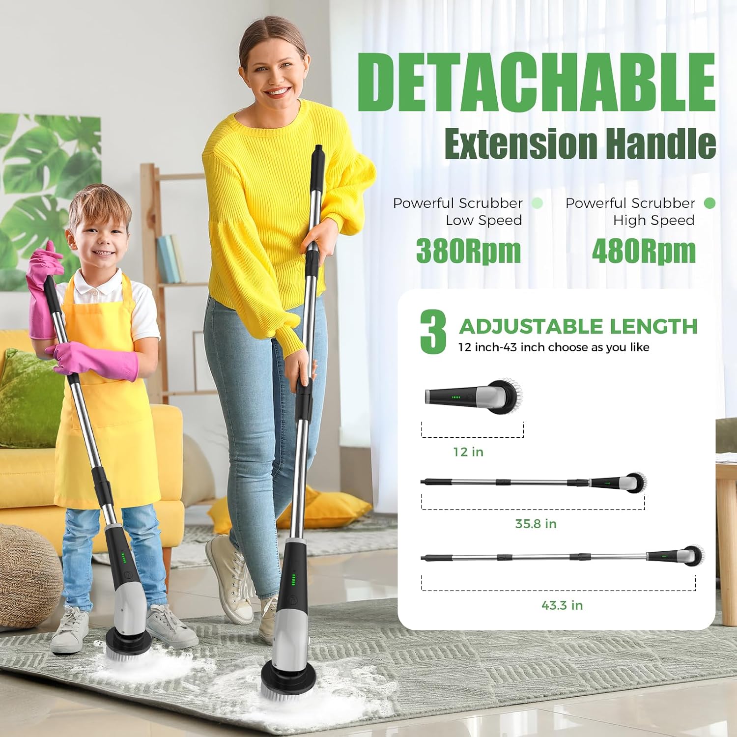 Thumbnail 1 de YKYI QJS8051B Electric Spin Scrubber, 8 Brush Heads, Adjustable Handle, 2 Speeds