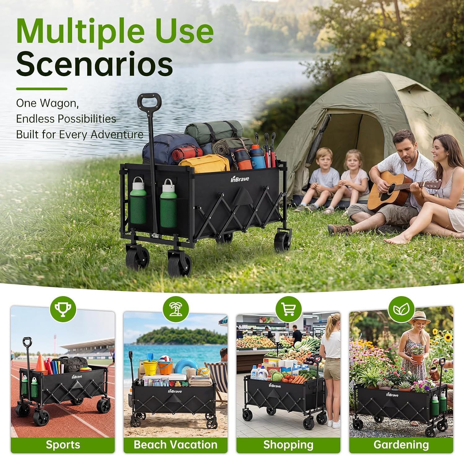 Thumbnail 6 de InBrave Extra Long Collapsible Wagon Cart (480LBS) with All-Terrain Wheels, Foldable Utility Cart for Beach, Camping & Shopping