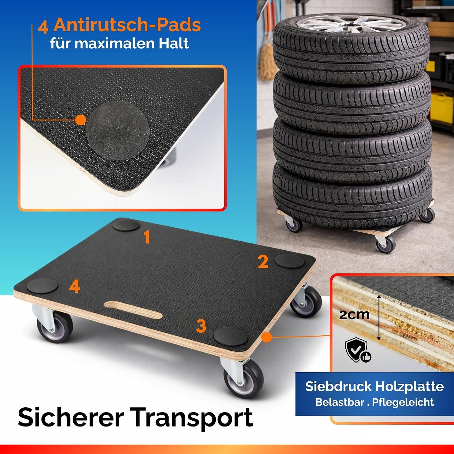 Detalle 2 de PROREGAL 2er Set Profi Transportroller HERCULES (50 x 50 cm) bis 150 kg – Schwerlast-Rollbrett mit Griff