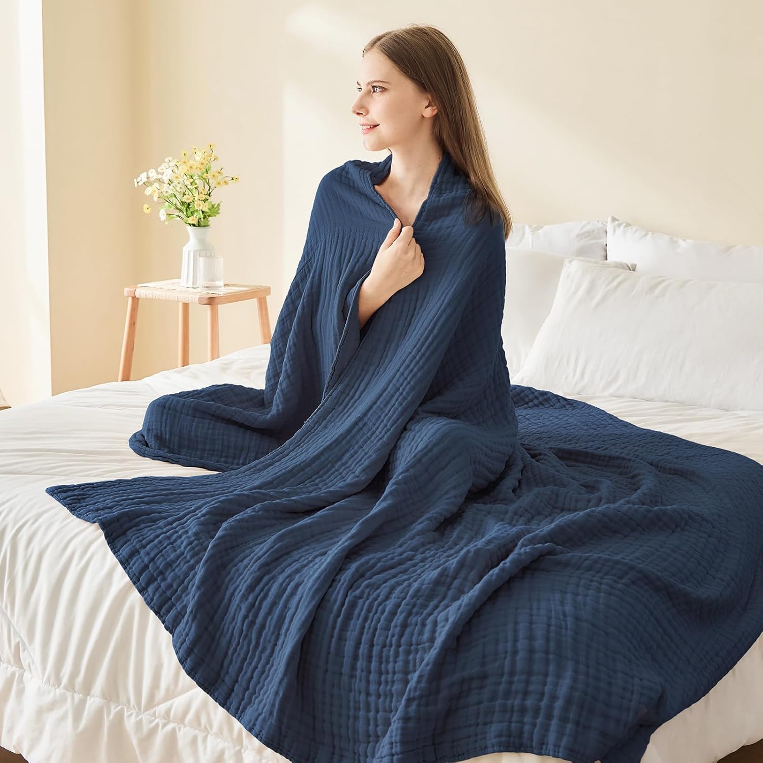 Thumbnail 6 de EMME Cotton Blanket Queen Size (90" x 90"), Navy — Soft, Breathable Muslin Blanket for All Seasons