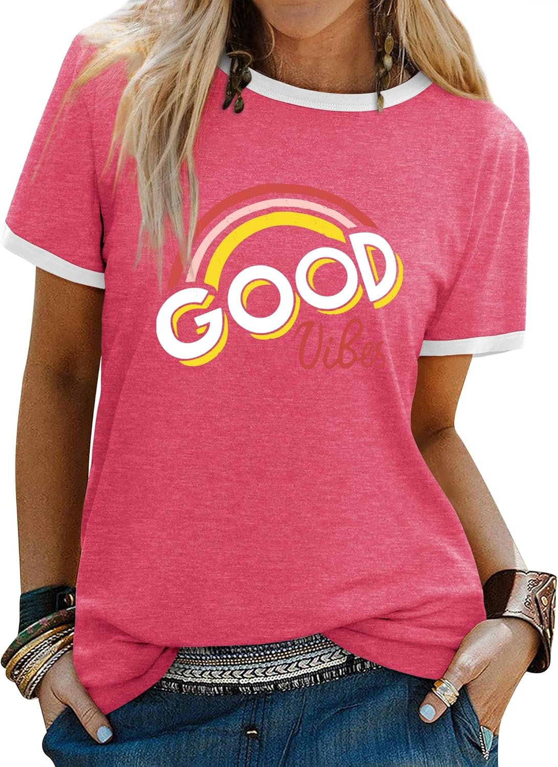 Thumbnail 5 de WIEIYM Women’s “Good Vibes” Rainbow Graphic T-Shirt (Short Sleeve, Round Neck) in S–XXL