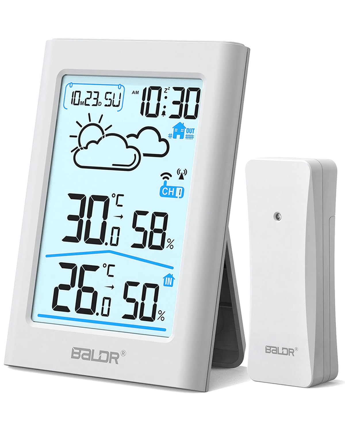 Detalle de BALDR stazione meteo radio con sensore esterno, orologio DCF e termometro igrometro LCD