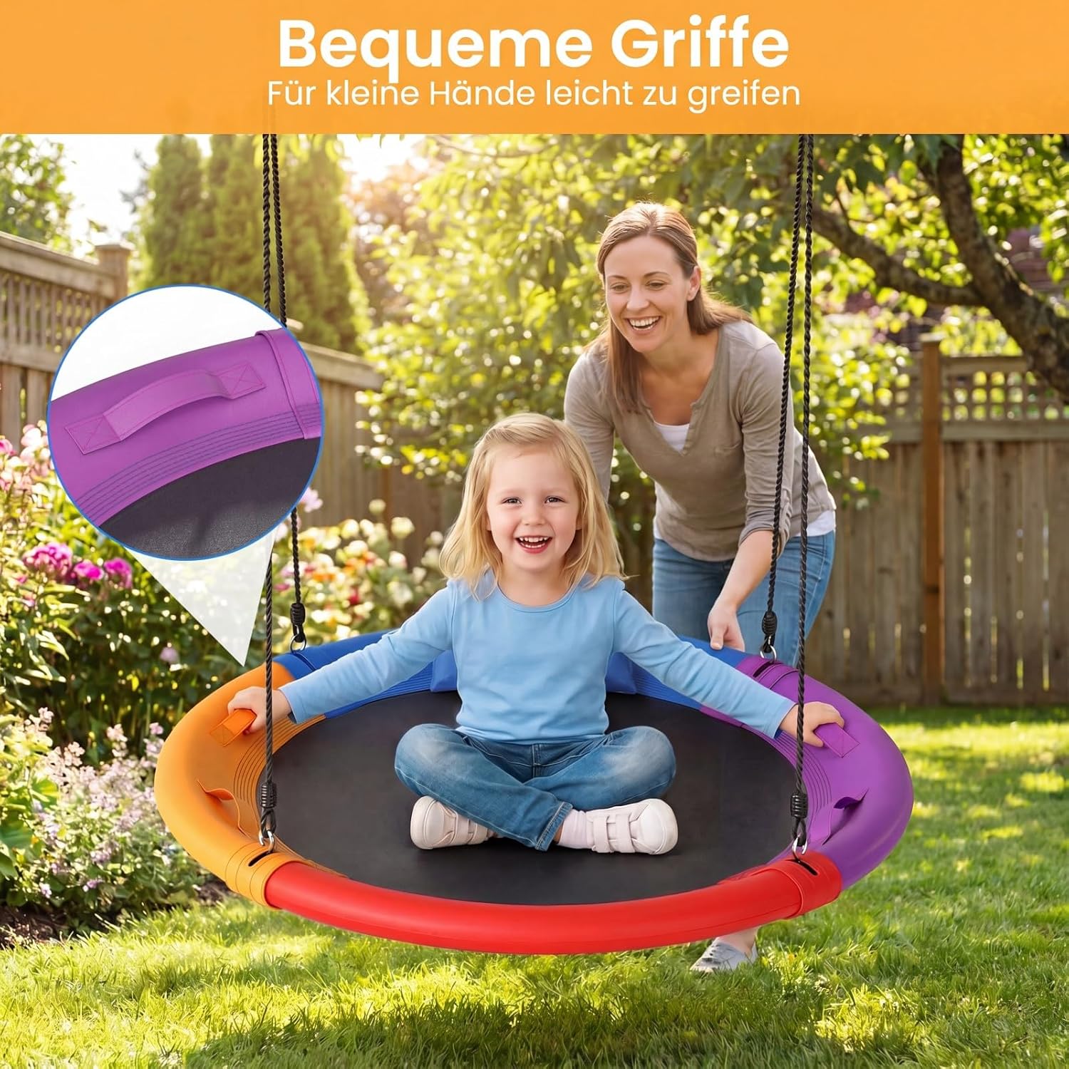 Detalle de COSTWAY Nestschaukel Outdoor 120 cm – Kinderschaukel mit Kissen, Griffe und verstellbarer Aufhängung