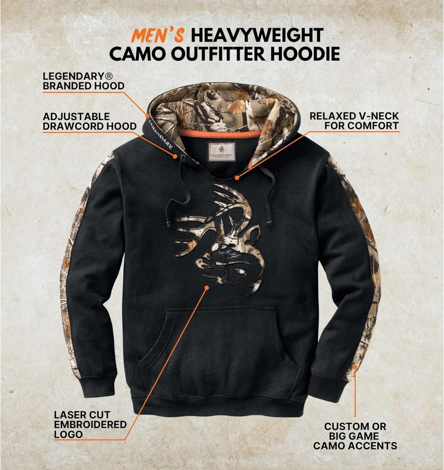 Detalle de Legendary Whitetails Camo Outfitter Hoodie – męska bluza z kapturem i kieszenią kangurką