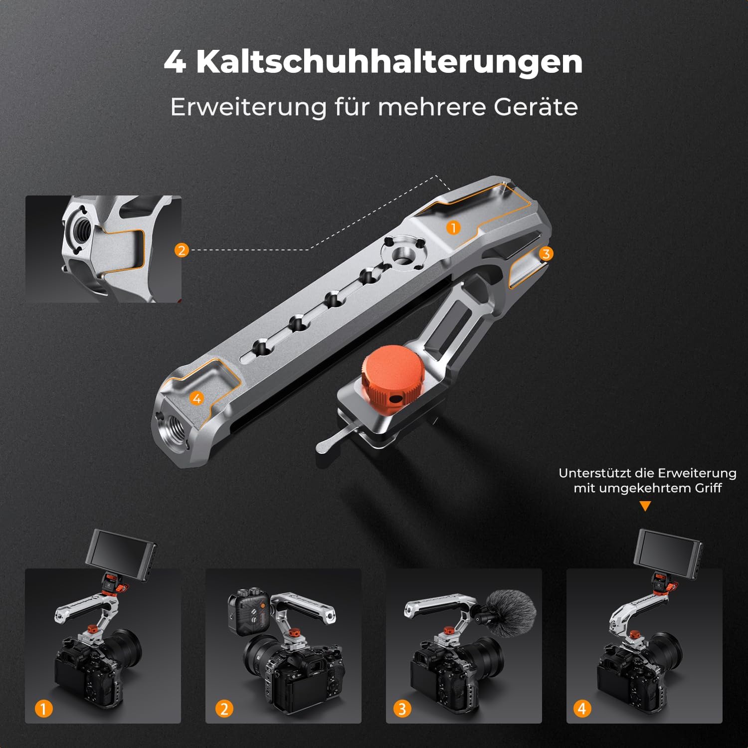 Detalle de K&F CONCEPT Top Handle für Kamerakäfige – Wechsel zwischen 3/8" ARRI Halterung und NATO-Schiene, 4 Kaltschuhhalterungen