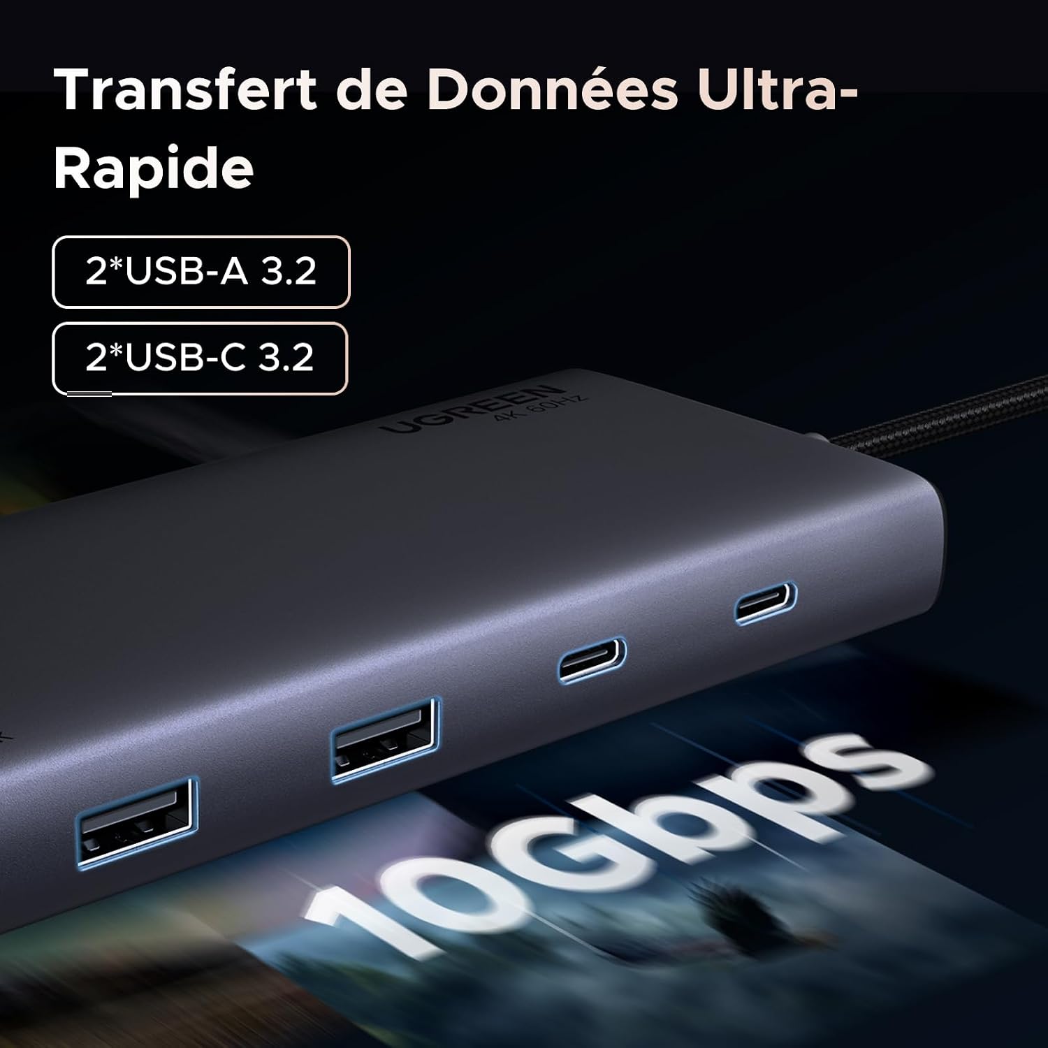 Detalle de UGREEN Revodok Pro 308 – Hub USB-C 8 en 1 avec double HDMI, DisplayPort et charge USB-C 100W