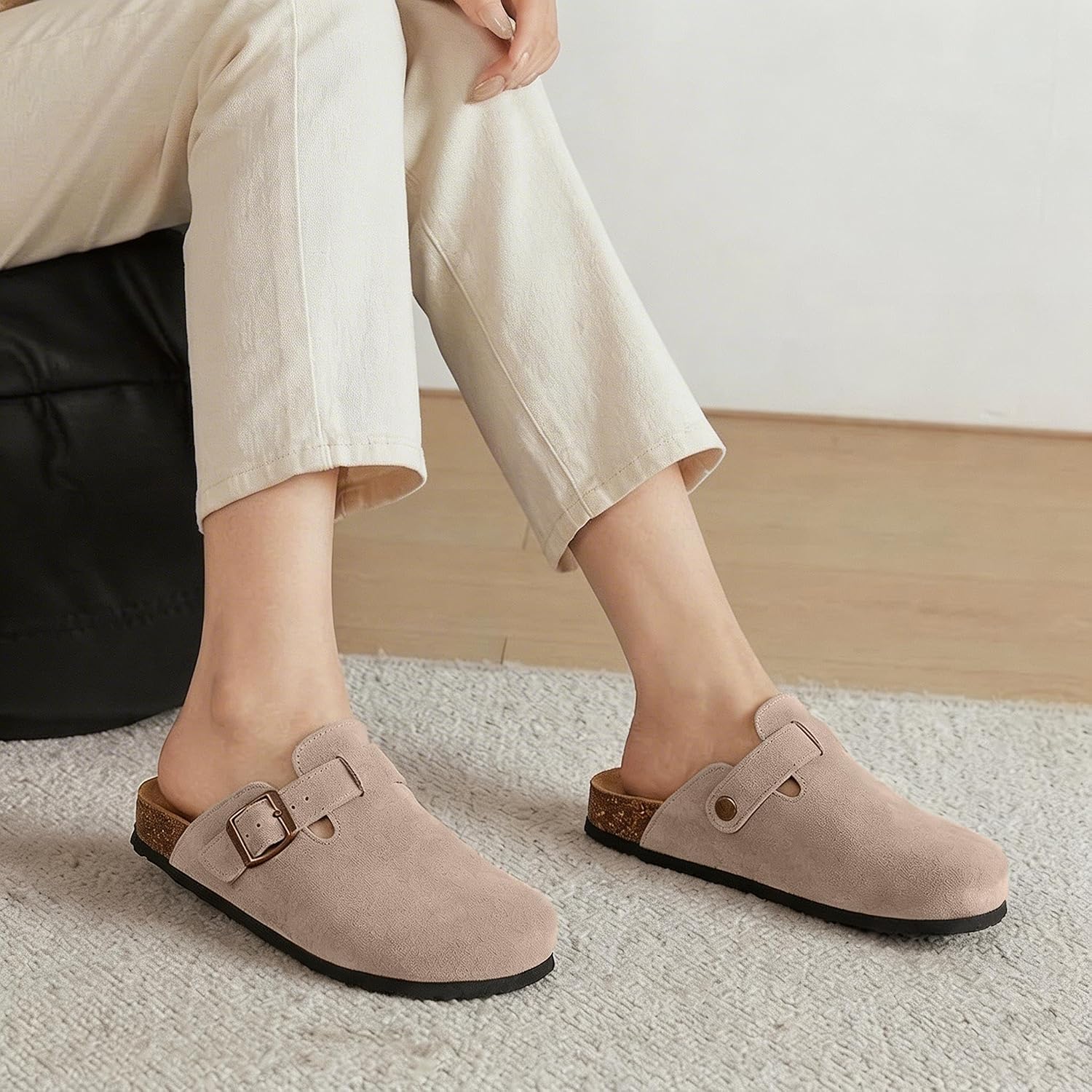 Detalle de ORADO Genuine Suede Clogs with Cork Footbed, Arch Support and Buckle