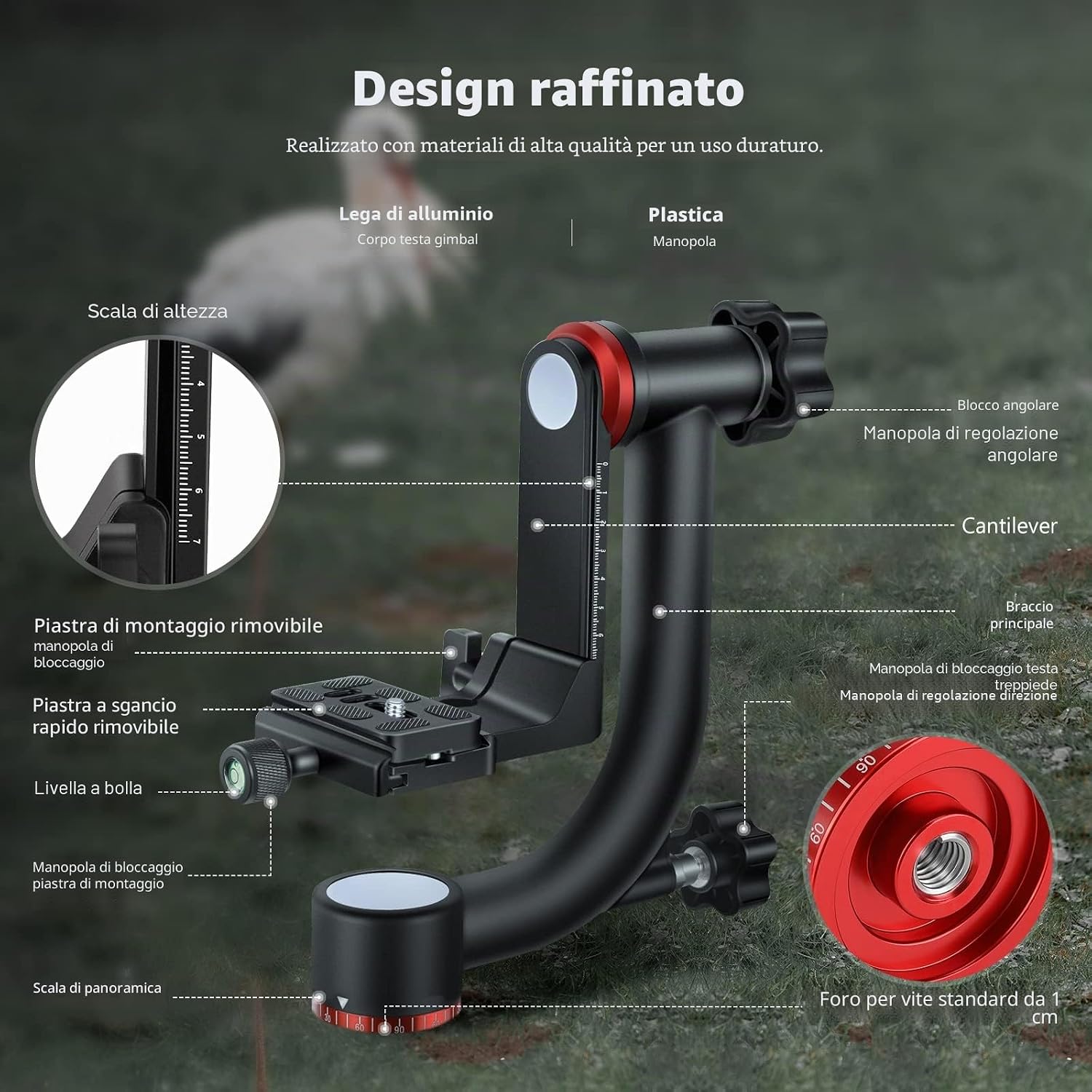 Detalle de NEEWER GM101: testa per treppiede gimbal con piastra Arca e base girevole 360° per DSLR