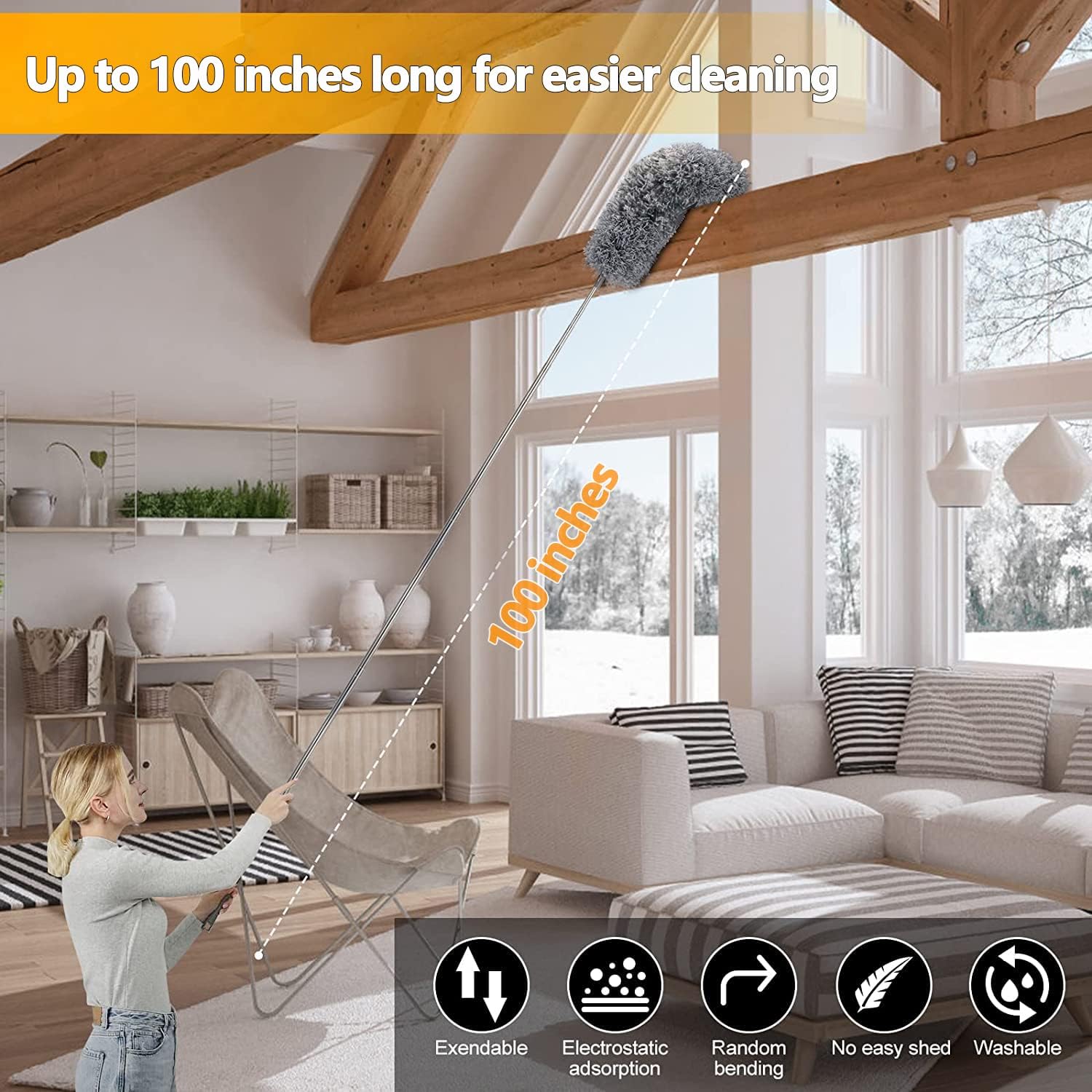 Detalle de Feather duster 5PCS kit with 30–100 inch telescopic extension pole and interchangeable cleaning heads