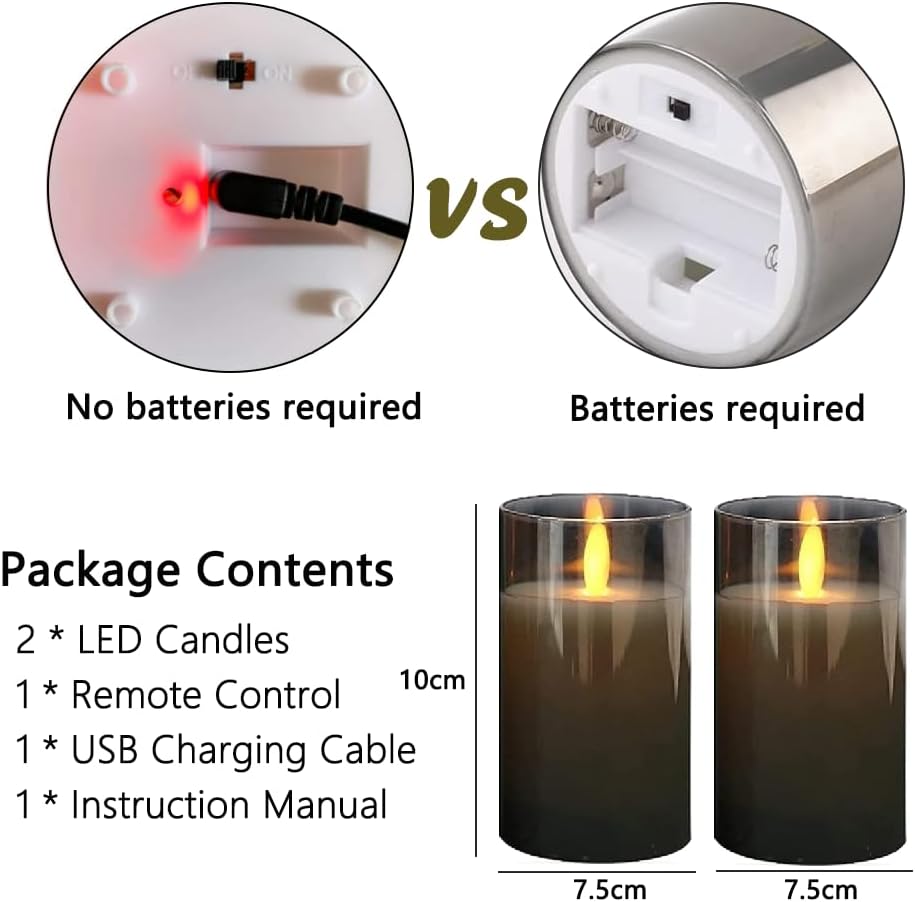 Thumbnail 1 de Lonkenn 2 pezzi Candele LED Ricaricabili con Telecomando e Timer – Fiamma Tremolante in Grigio Vetro, 10 cm