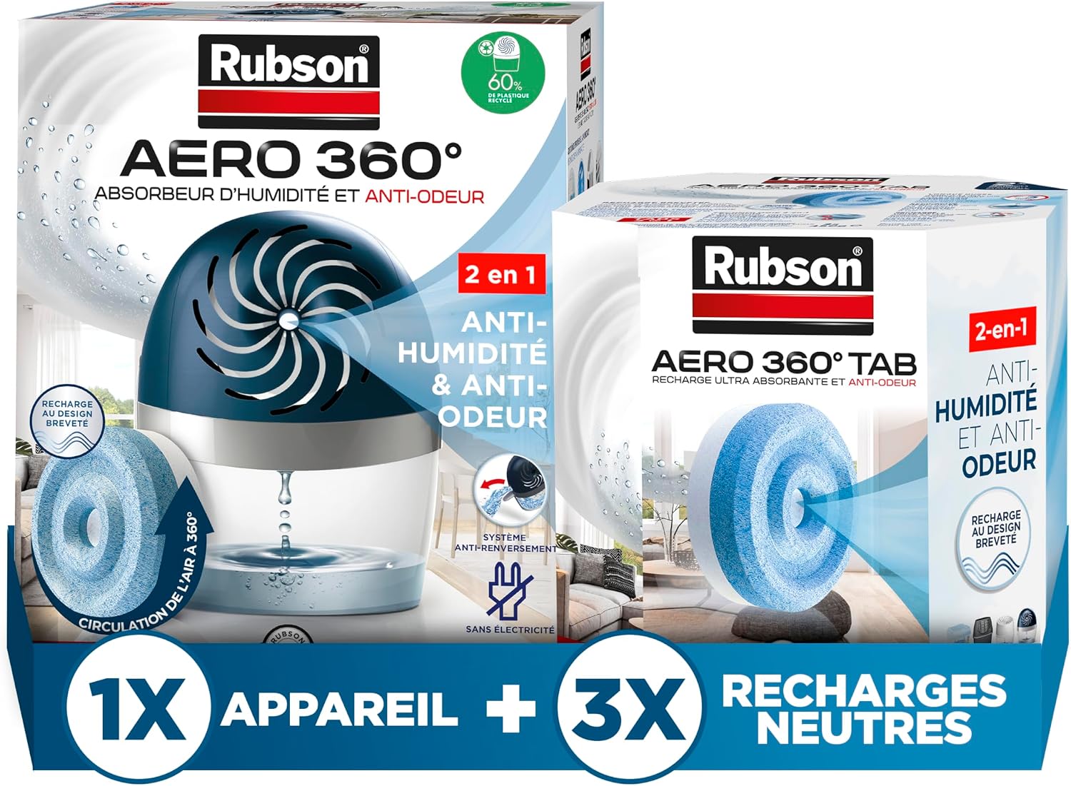 Thumbnail 6 de Rubson Absorbeur d'Humidité Aero 360° pour pièces jusqu'à 20 m² – Déshumidificateur d'air anti-odeurs et anti-moisissures (1 recharge neutre de 450 g incluse)