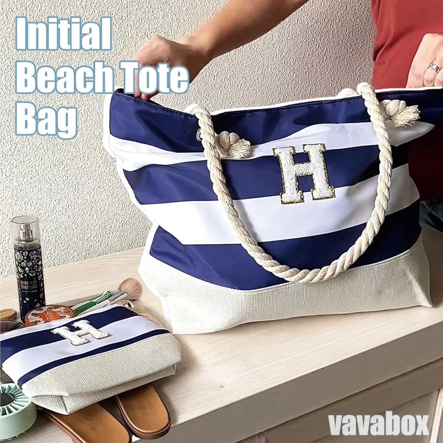 Thumbnail 6 de Vavabox Initial Beach Bag with Zip and Pockets – Personalised, Water-Resistant & Foldable Large Tote Set