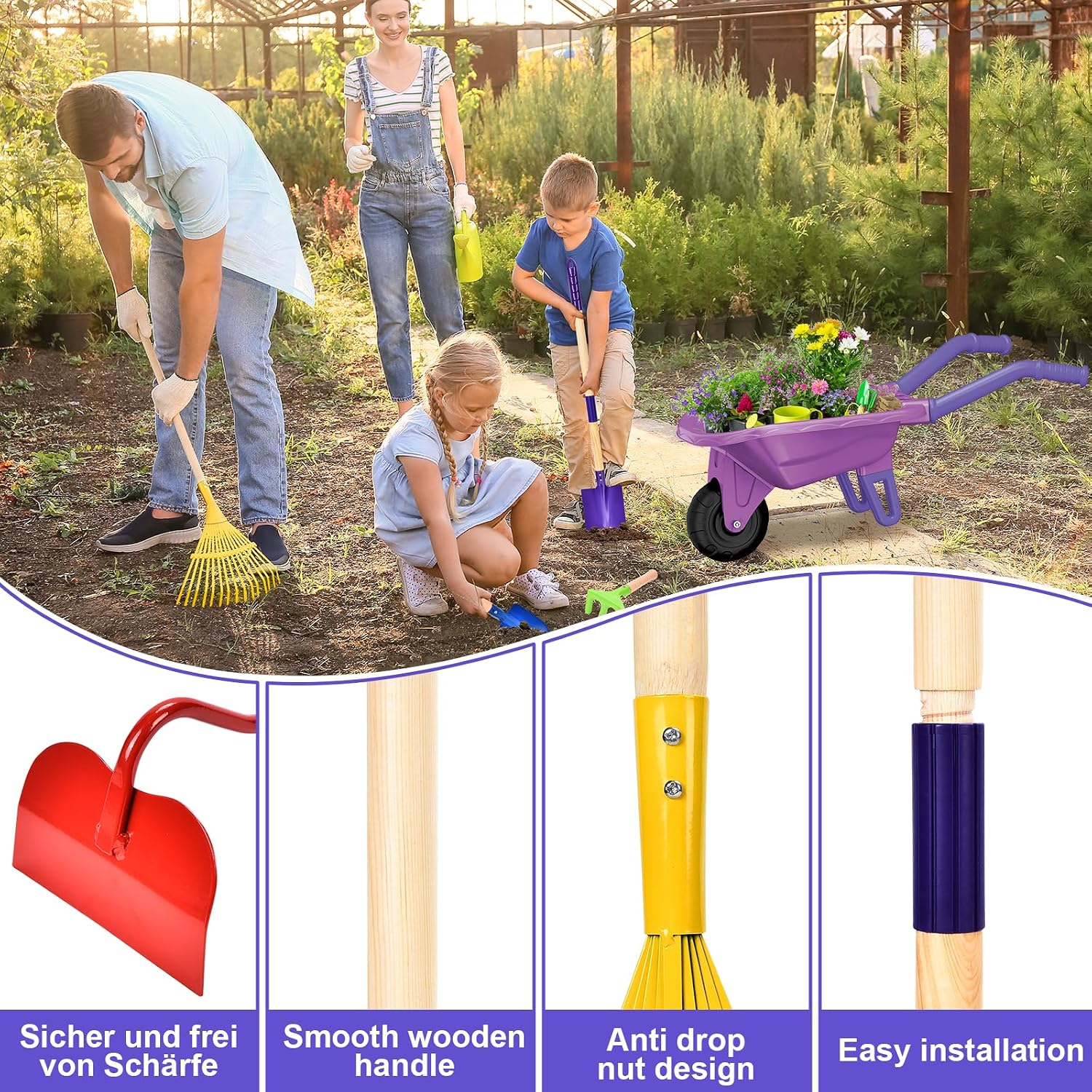 Thumbnail 1 de JONRRYIN Carriola per Bambini – Set giardinaggio completo con carriola, attrezzi e guanti (Viola)