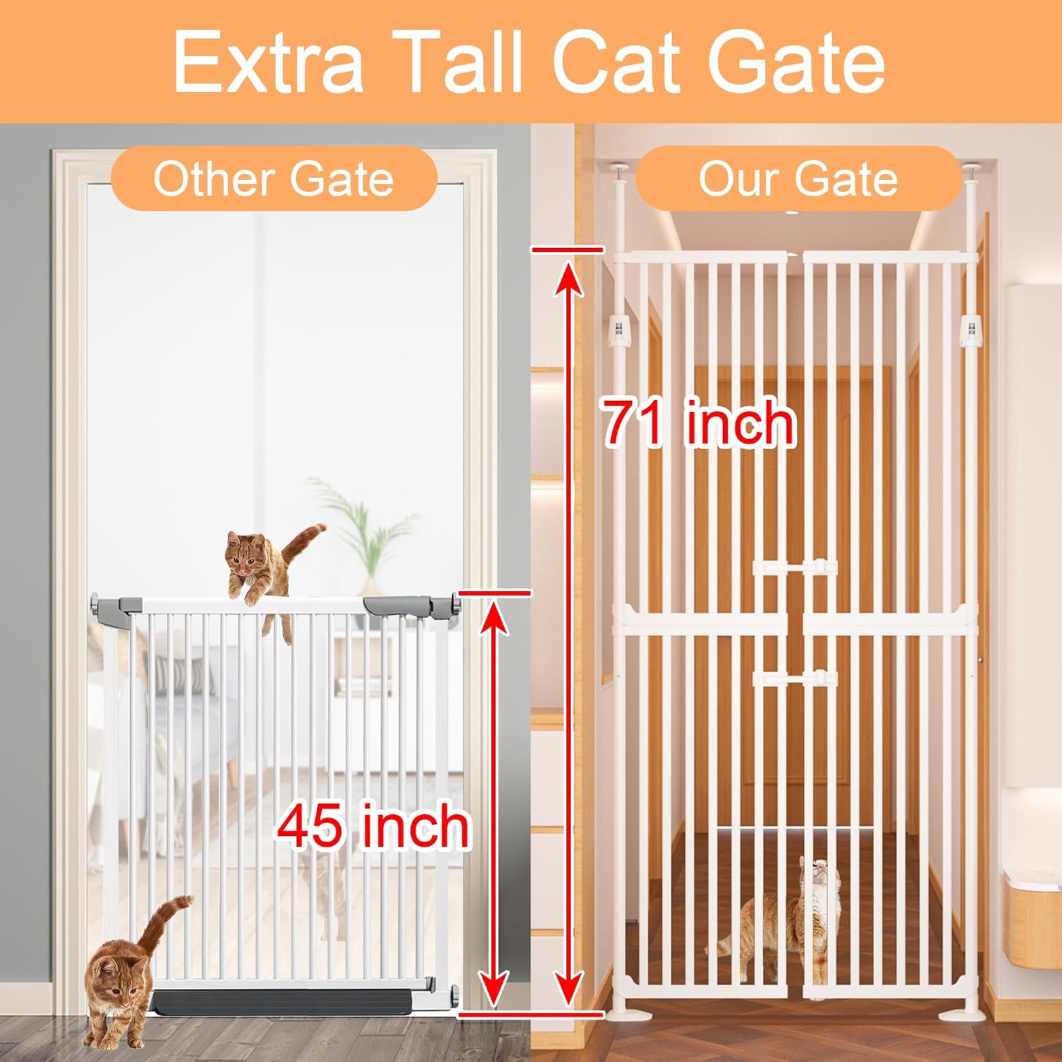 Detalle de HAVLOTII Barrière de sécurité pour chat haute, 180,3 cm avec double porte et fermeture automatique (sans perçage)