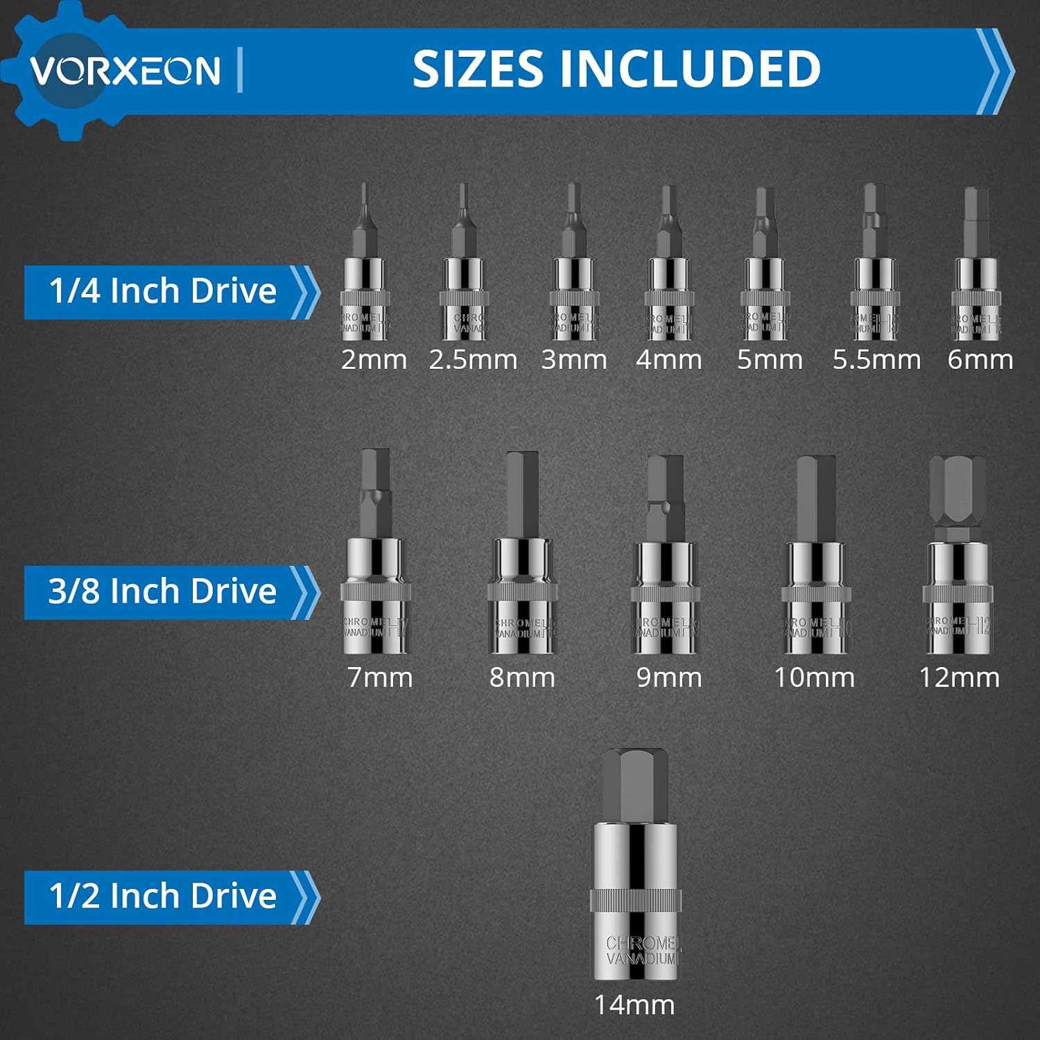 Detalle 2 de VORXEON zeskantdopsleutelset, 13-delig, 2–14 mm, CRV- en S2-staal