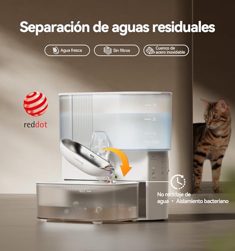 Detalle de FEELNEEDY Fuente para Gatos Sin Filtro e Inalámbrica con Batería 2000mAh, 3,5L, Acero Inoxidable