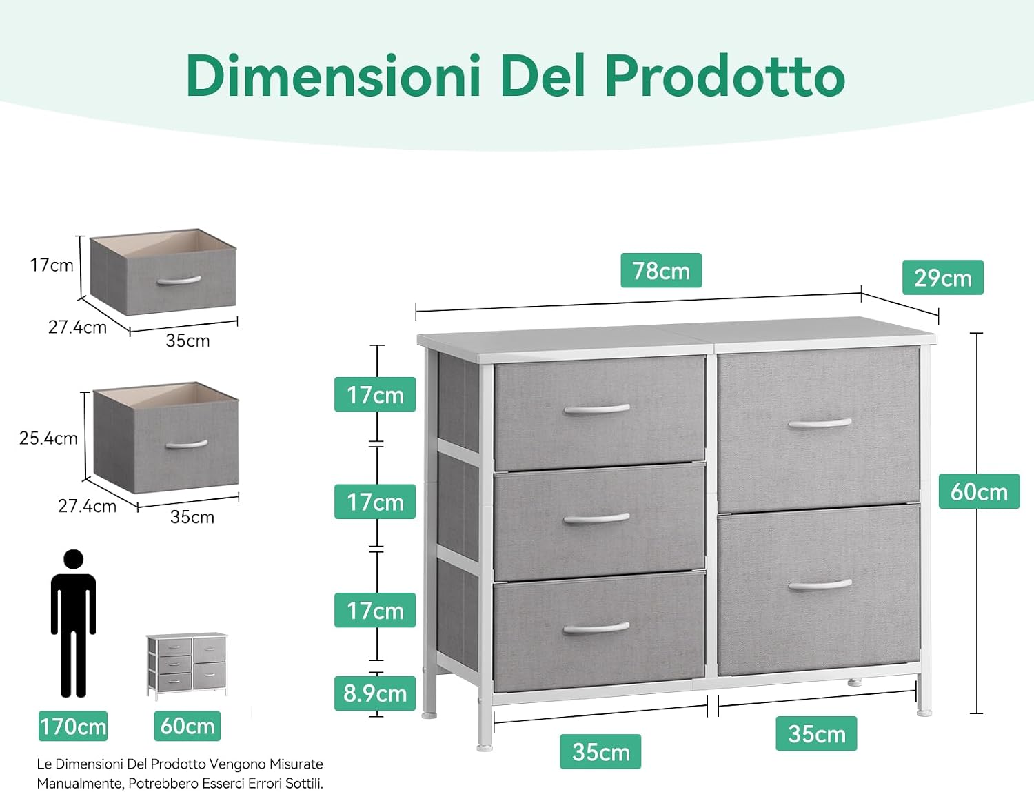 Thumbnail 2 de Coleshome Cassettiera per Camera da Letto e Soggiorno, 76 x 29 x 60 cm – Cassettiera Piccola in Acciaio e Piano in Legno, Grigio Chiaro
