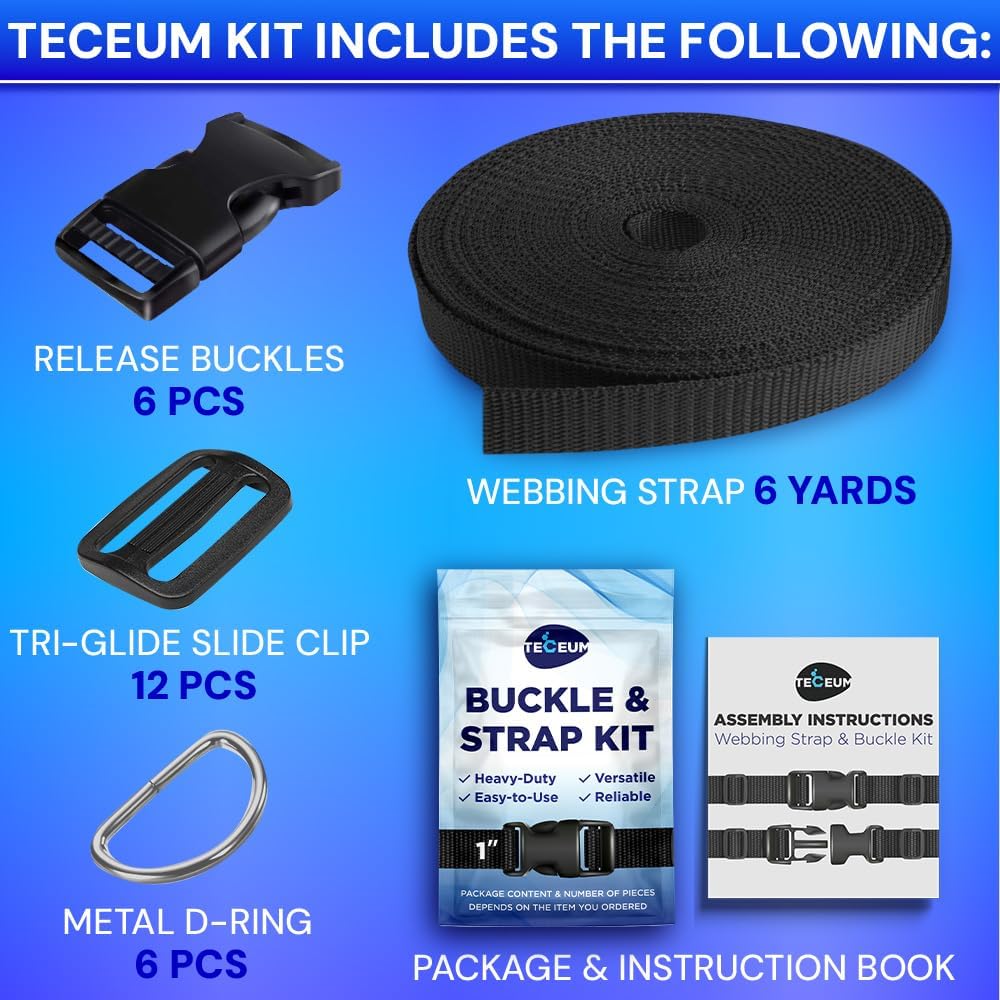 Detalle de TECEUM Buckles & Strap Kit – 1" Black Nylon Webbing (6 yd) with 6 Buckles, 12 Tri-Glide Sliders, and 6 D-Rings
