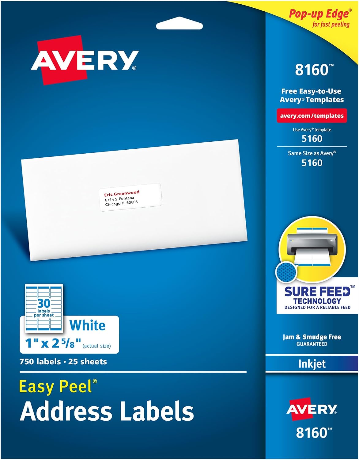 Detalle de Avery Easy Peel Address Labels, Inkjet Printers, White, 1" x 2-5/8", Box of 750 (08160)