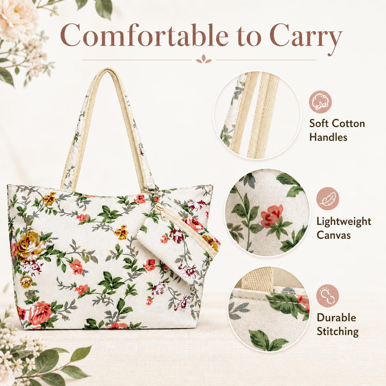 Thumbnail 6 de Lightweight Floral Canvas Tote Bag for Women with Free Purse – Spacious, Foldable Day-to-Trip Handbag