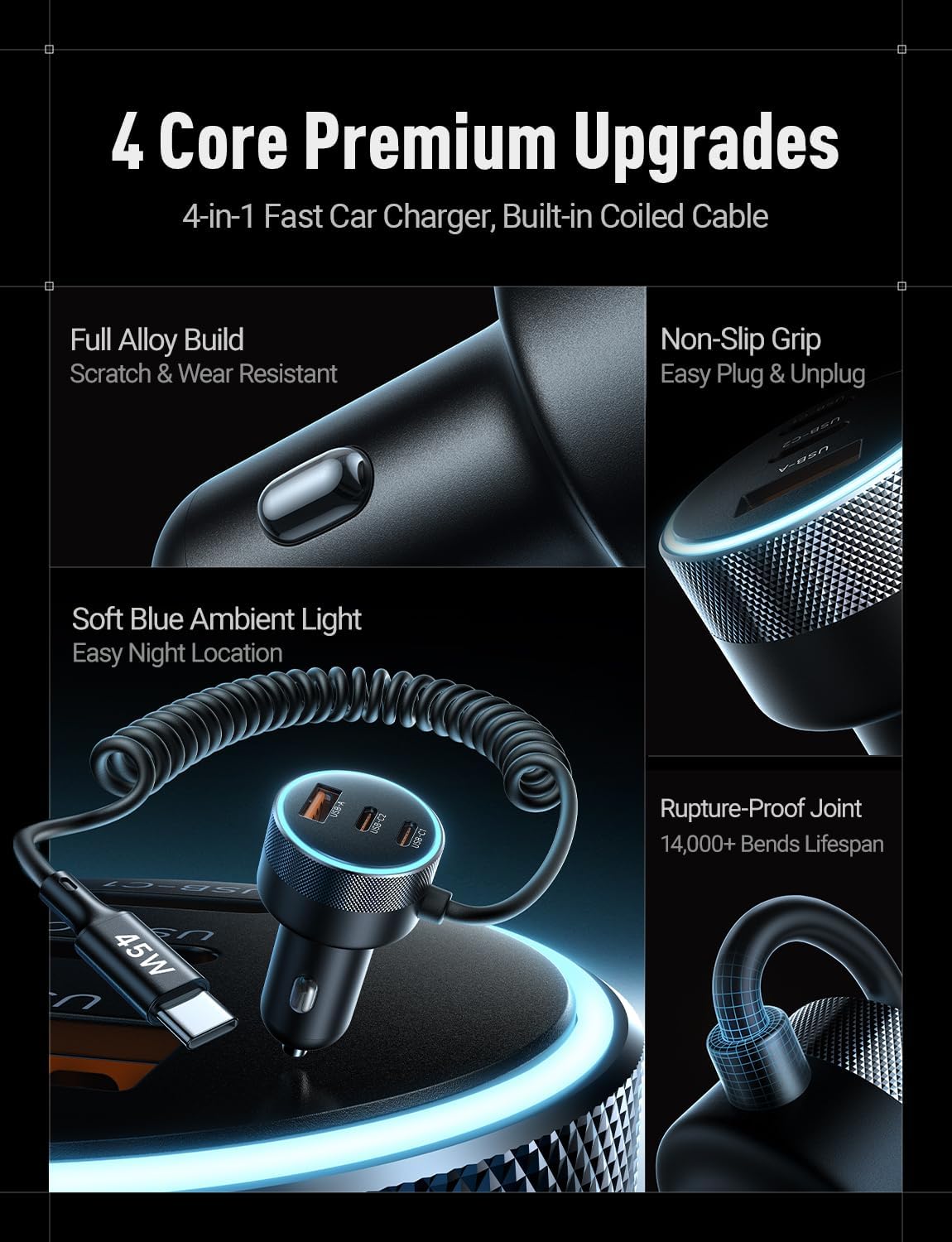 Detalle 2 de LISEN 4 in 1 USB Car Charger with 90W Fast Charge (2× USB-C 45W, USB-A 30W) and 1.3m Retractable Cable