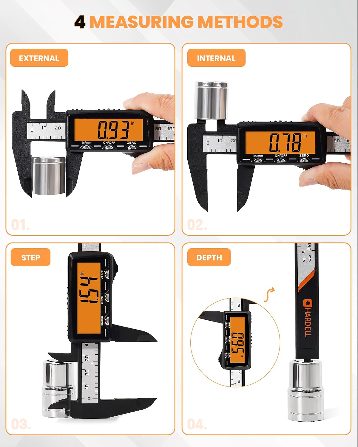 Thumbnail 6 de HARDELL Plastic Rechargeable Digital Caliper — 6" with Orange Screen, USB-C Rechargeable, Inch/mm