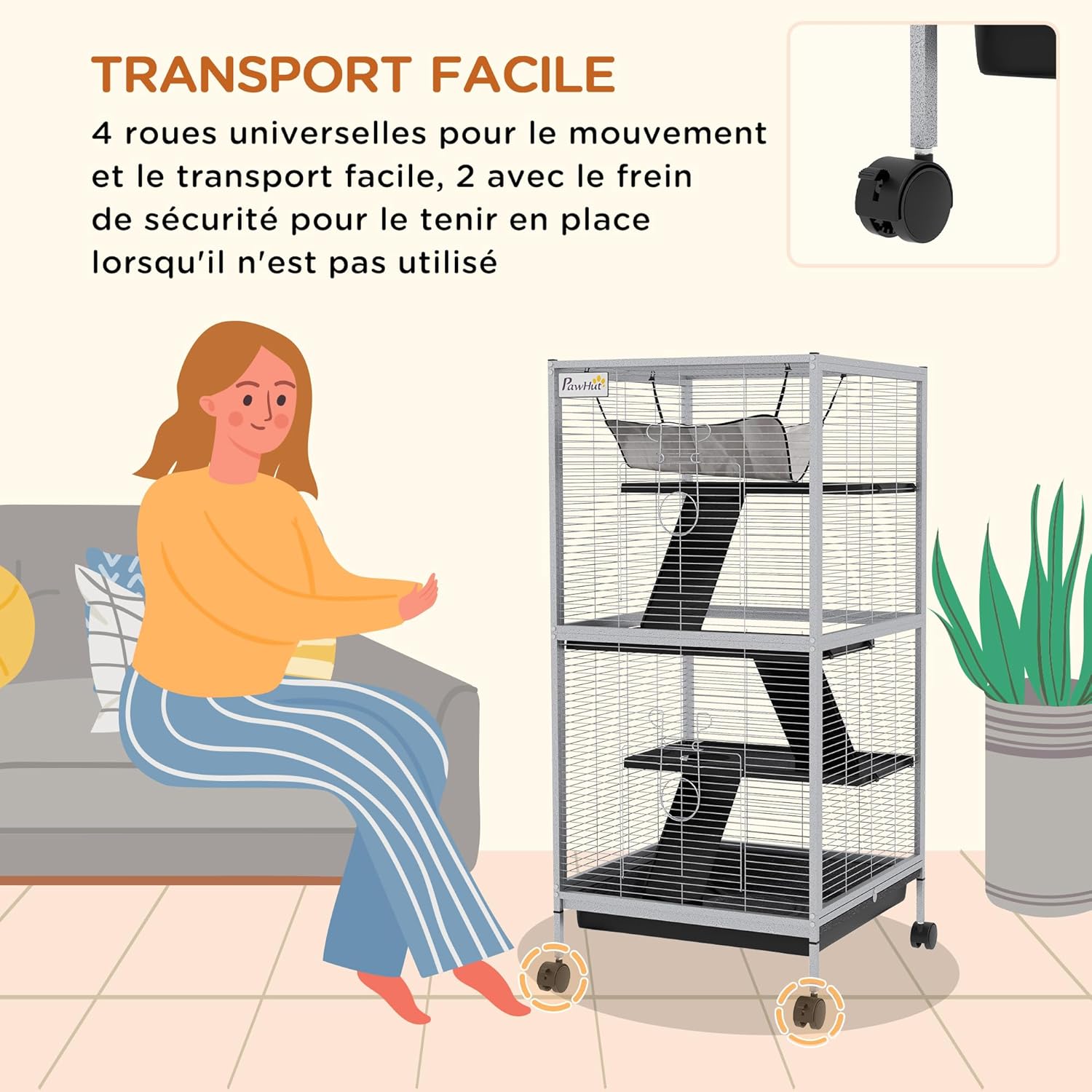 Detalle de PawHut Cage pour Petits Animaux Portable à 4 Niveaux – Cage Chinchilla/Furet 52 x 52 x 113,5 cm, Blanc