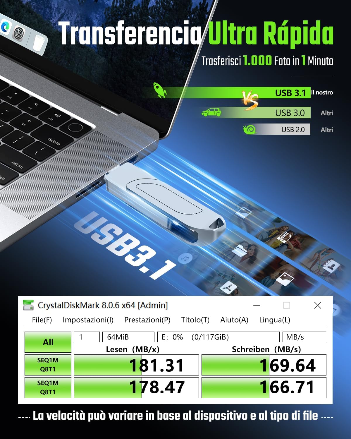 Thumbnail 2 de Gaulau Chiavetta USB per iPhone 128GB - 3 in 1 con Lightning, USB-C e USB-A, MFi, 180 MB/s