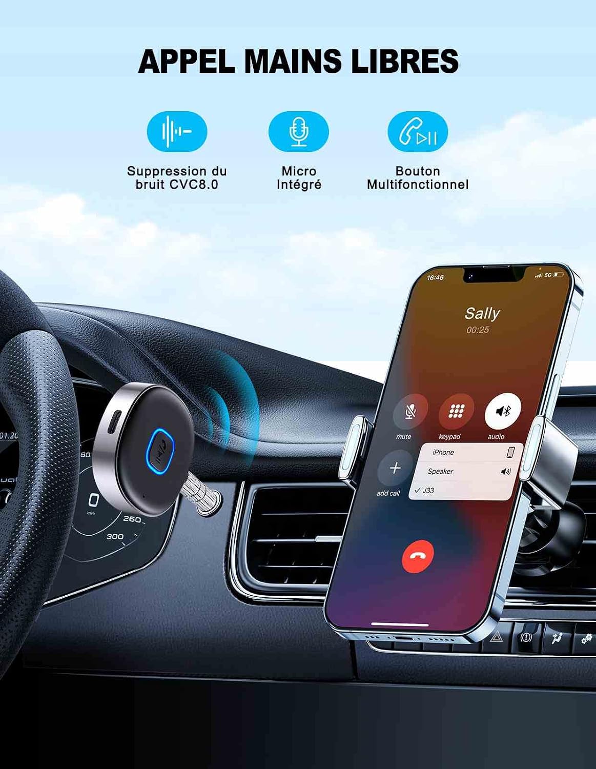 Thumbnail 3 de Mohard Bluetooth-ontvanger 5.0 met 3,5mm AUX, handsfree bellen en dual pairing