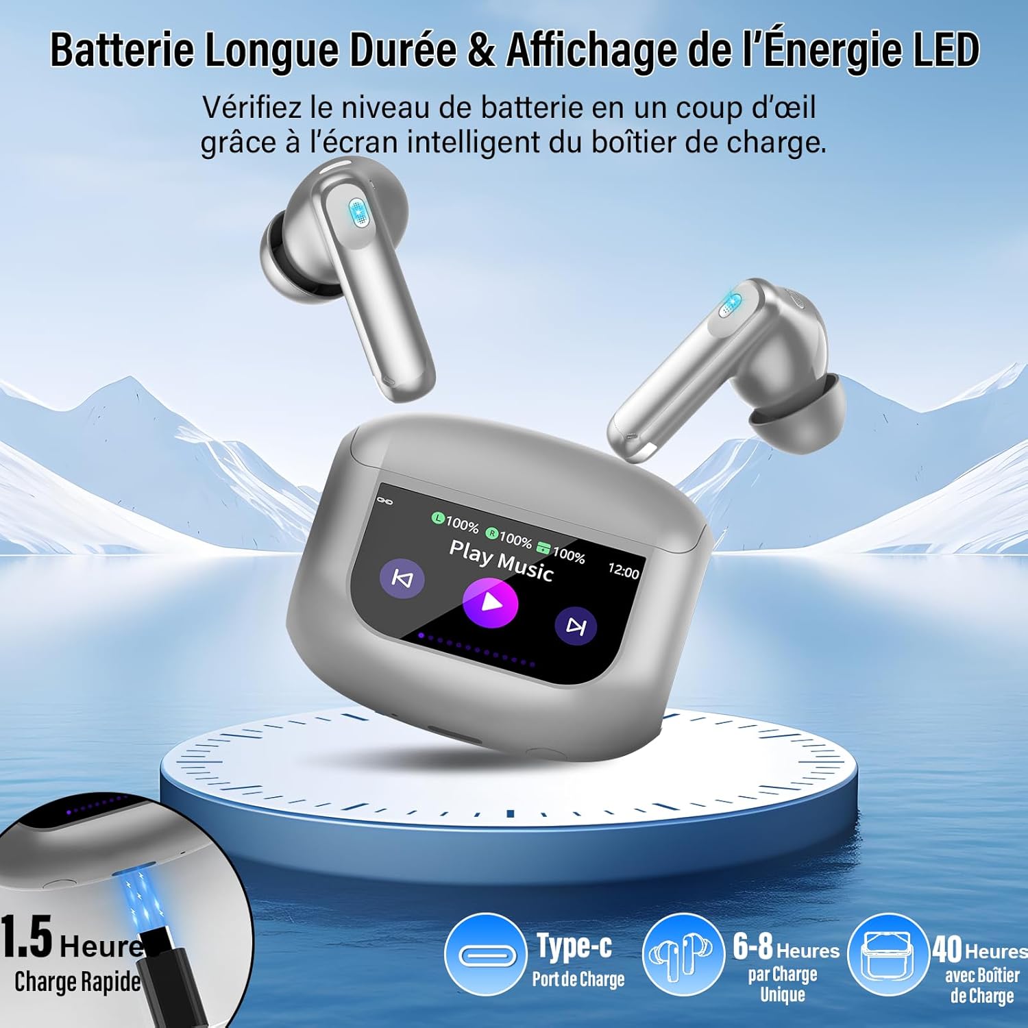 Thumbnail 6 de QXUFV AI Écouteur Traducteur instantané jusqu’à 164 langues avec ANC/ENC et écran tactile LED (gris)