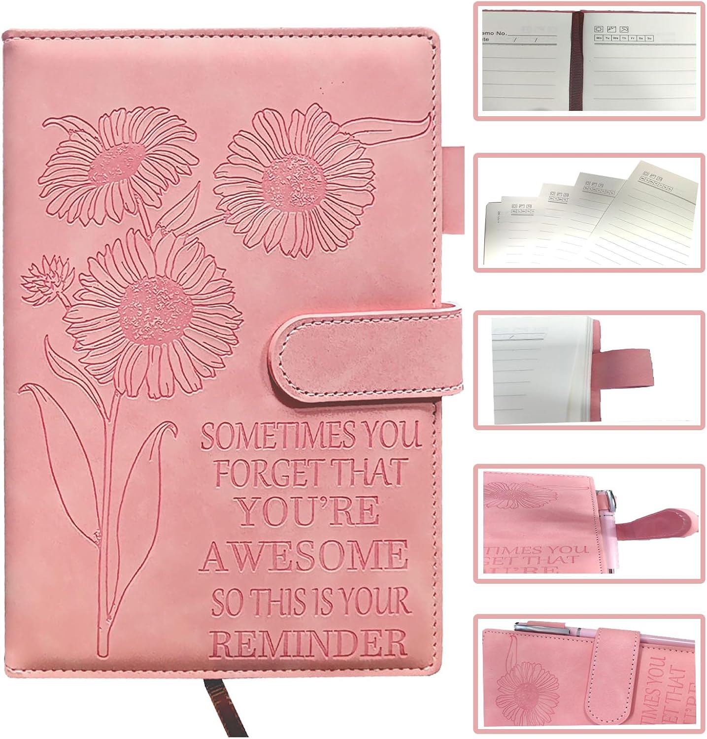 Detalle de QWFHOME Sunflower Pink PU Leather Journal, A5, 200 Pages with Closure and Pen Holder